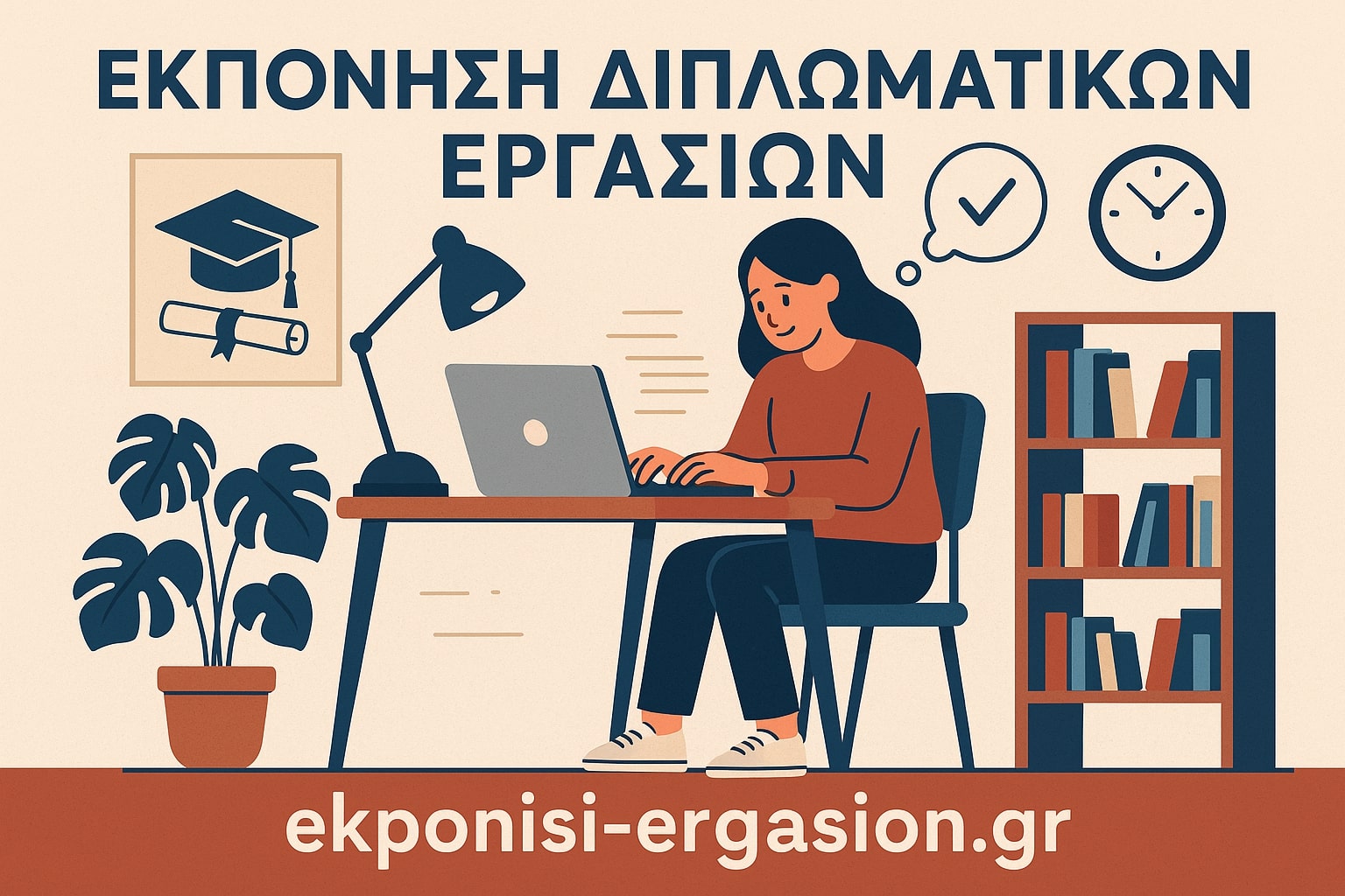 Φοιτήτρια εργάζεται σε λάπτοπ με φόντο βιβλιοθήκη και ακαδημαϊκά σύμβολα, κάτω από τον τίτλο «Εκπόνηση Διπλωματικών Εργασιών» – ekponisi-ergasion.gr