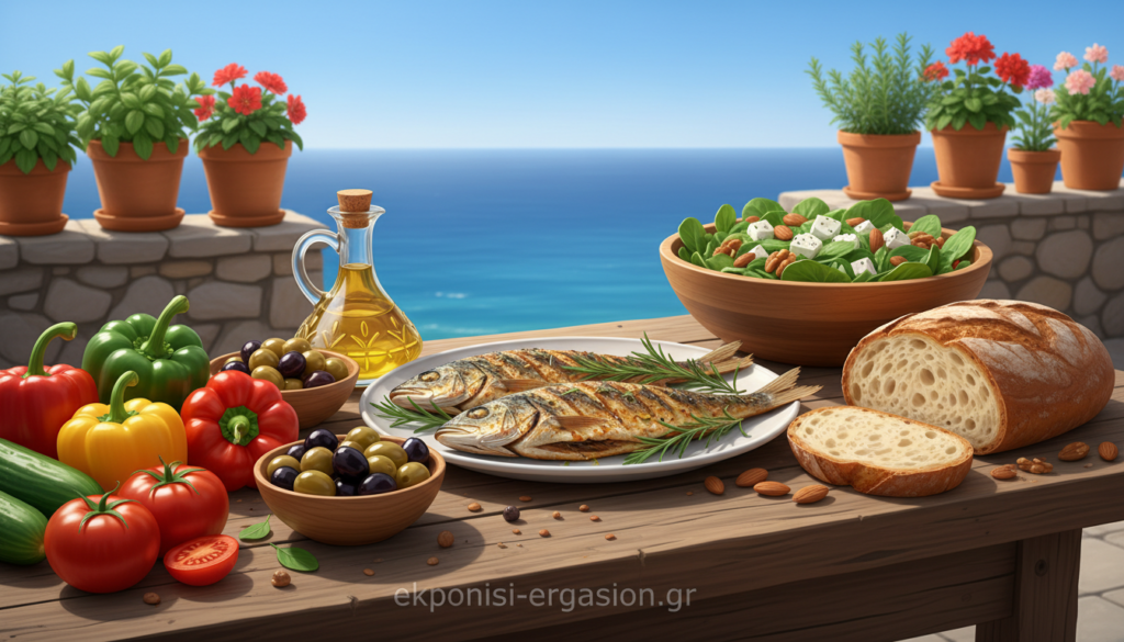 A beautifully arranged Mediterranean diet spread on a rustic wooden table. In the foreground, a vibrant assortment of fresh vegetables like tomatoes, cucumbers, and bell peppers, alongside a bowl of olives and a loaf of crusty bread. In the middle ground, a selection of grilled fish garnished with herbs, drizzled with olive oil, and a salad made with leafy greens, feta cheese, and nuts. The background features a sun-drenched terrace with terracotta pots of herbs and colorful flowers, under a clear blue sky. Soft, warm lighting bathes the scene, evoking a sense of warmth and health. Capture this inviting atmosphere at a slight angle to convey depth, presenting the essence of healthy Mediterranean living. Include the brand name "ekponisi-ergasion.gr" subtly integrated within the scene. A beautifully arranged Mediterranean diet spread on a rustic wooden table. In the foreground, a vibrant assortment of fresh vegetables like tomatoes, cucumbers, and bell peppers, alongside a bowl of olives and a loaf of crusty bread. In the middle ground, a selection of grilled fish garnished with herbs, drizzled with olive oil, and a salad made with leafy greens, feta cheese, and nuts. The background features a sun-drenched terrace with terracotta pots of herbs and colorful flowers, under a clear blue sky. Soft, warm lighting bathes the scene, evoking a sense of warmth and health. Capture this inviting atmosphere at a slight angle to convey depth, presenting the essence of healthy Mediterranean living. Include the brand name "ekponisi-ergasion.gr" subtly integrated within the scene.