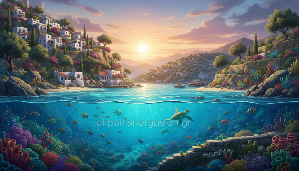 A breathtaking scene of a Mediterranean biodiversity hotspot, showcasing a vibrant coastal landscape. In the foreground, diverse marine life like colorful fish, sea turtles, and sea corals can be seen thriving in crystal-clear waters. The middle ground features rugged cliffs covered in lush greenery and flowering plants, with a quaint village nestled along the coastline, displaying whitewashed buildings with terracotta roofs. In the background, majestic hills roll towards the horizon, kissed by a golden sunset, casting warm hues over the scene. The atmosphere is serene and inviting, with soft ambient light highlighting the richness of the ecosystem. Shot with a wide-angle lens to capture the expansive beauty, this image embodies the essence of biodiversity in the Mediterranean region. The brand name "ekponisi-ergasion.gr" is subtly integrated into the landscape. A breathtaking scene of a Mediterranean biodiversity hotspot, showcasing a vibrant coastal landscape. In the foreground, diverse marine life like colorful fish, sea turtles, and sea corals can be seen thriving in crystal-clear waters. The middle ground features rugged cliffs covered in lush greenery and flowering plants, with a quaint village nestled along the coastline, displaying whitewashed buildings with terracotta roofs. In the background, majestic hills roll towards the horizon, kissed by a golden sunset, casting warm hues over the scene. The atmosphere is serene and inviting, with soft ambient light highlighting the richness of the ecosystem. Shot with a wide-angle lens to capture the expansive beauty, this image embodies the essence of biodiversity in the Mediterranean region. The brand name "ekponisi-ergasion.gr" is subtly integrated into the landscape.