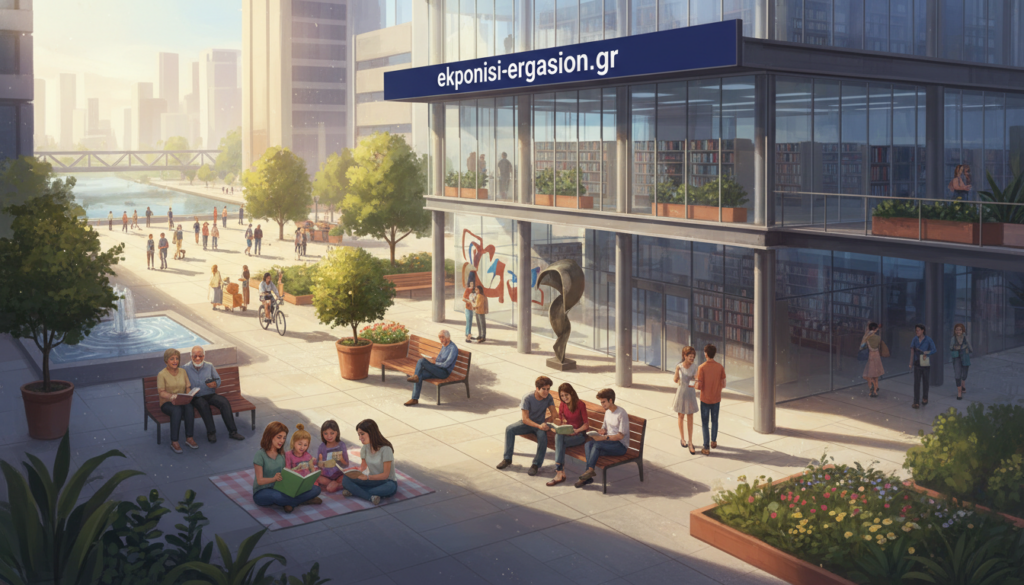 A bustling public space in a modern city, showcasing an outdoor area outside a contemporary public library. In the foreground, diverse groups of people, including families and young adults, are engaged in reading, discussing, and enjoying the vibrant atmosphere. The middle ground features the sleek architecture of a public library with glass facades, lush greenery, and benches. In the background, city life unfolds with pedestrians and bicycles. The scene is illuminated by warm afternoon sunlight, casting soft shadows and enhancing the welcoming mood. Capture this moment from a slightly elevated angle to provide depth. The overall atmosphere conveys community engagement and cultural development, representing the essence of public spaces as inclusive hubs. ekponisi-ergasion.gr. A bustling public space in a modern city, showcasing an outdoor area outside a contemporary public library. In the foreground, diverse groups of people, including families and young adults, are engaged in reading, discussing, and enjoying the vibrant atmosphere. The middle ground features the sleek architecture of a public library with glass facades, lush greenery, and benches. In the background, city life unfolds with pedestrians and bicycles. The scene is illuminated by warm afternoon sunlight, casting soft shadows and enhancing the welcoming mood. Capture this moment from a slightly elevated angle to provide depth. The overall atmosphere conveys community engagement and cultural development, representing the essence of public spaces as inclusive hubs. ekponisi-ergasion.gr.