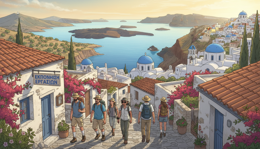 A captivating landscape showcasing the tourist geography of Greece. In the foreground, a diverse group of travelers in modest, casual clothing is exploring a vibrant Greek village, with traditional architecture and colorful bougainvillea flowers. The middle layer features breathtaking sea views with sparkling turquoise waters and distant islands, while the iconic white-washed buildings and blue domes of Santorini rise majestically. In the background, rolling hills and olive groves offer a glimpse of the lush countryside, bathed in warm, golden sunlight during the early morning hours. The scene conveys a sense of adventure, discovery, and the harmonious relationship between nature and culture in sustainable tourism, ideal for illustrating the introduction of the topic. --ar 16:9 --v 5 --q 2 --style 4b --brand ekponisi-ergasion.gr A captivating landscape showcasing the tourist geography of Greece. In the foreground, a diverse group of travelers in modest, casual clothing is exploring a vibrant Greek village, with traditional architecture and colorful bougainvillea flowers. The middle layer features breathtaking sea views with sparkling turquoise waters and distant islands, while the iconic white-washed buildings and blue domes of Santorini rise majestically. In the background, rolling hills and olive groves offer a glimpse of the lush countryside, bathed in warm, golden sunlight during the early morning hours. The scene conveys a sense of adventure, discovery, and the harmonious relationship between nature and culture in sustainable tourism, ideal for illustrating the introduction of the topic. --ar 16:9 --v 5 --q 2 --style 4b --brand ekponisi-ergasion.gr