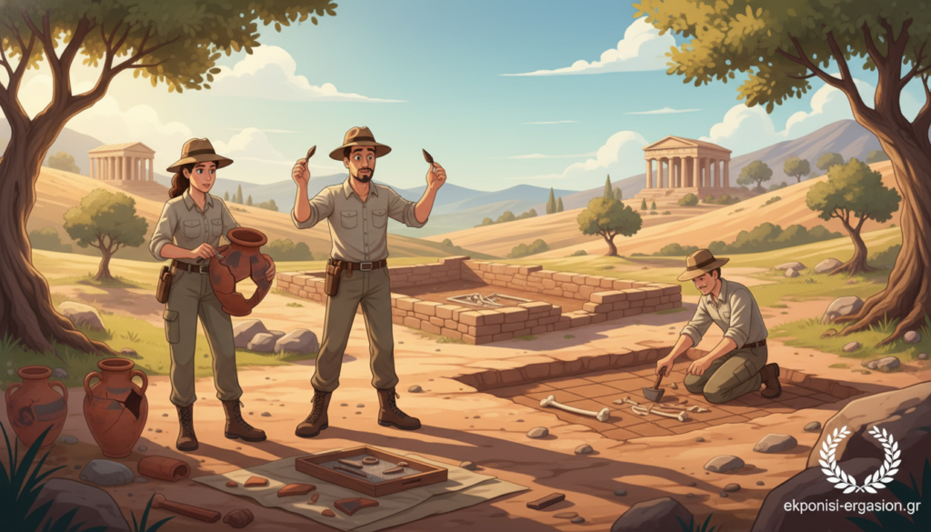 A captivating scene depicting prehistoric archaeology in Greece, showcasing a sunlit archaeological dig site. In the foreground, archaeologists in professional attire unearthed ancient pottery shards and stone tools, emphasizing their focused expressions as they brush away dirt. The middle layer features partially excavated structures, such as a small stone wall and a burial site, adding historical context. In the background, rolling hills dotted with olive trees and ruins of ancient temples augment the serene landscape. Soft sunlight filters through the trees, casting gentle shadows and creating an atmosphere of discovery and contemplation. The overall mood is one of excitement and reverence for history, encapsulating the essence of prehistoric archaeology. For branding purposes, include the logo of "ekponisi-ergasion.gr" subtly in the corner of the image. A captivating scene depicting prehistoric archaeology in Greece, showcasing a sunlit archaeological dig site. In the foreground, archaeologists in professional attire unearthed ancient pottery shards and stone tools, emphasizing their focused expressions as they brush away dirt. The middle layer features partially excavated structures, such as a small stone wall and a burial site, adding historical context. In the background, rolling hills dotted with olive trees and ruins of ancient temples augment the serene landscape. Soft sunlight filters through the trees, casting gentle shadows and creating an atmosphere of discovery and contemplation. The overall mood is one of excitement and reverence for history, encapsulating the essence of prehistoric archaeology. For branding purposes, include the logo of "ekponisi-ergasion.gr" subtly in the corner of the image.