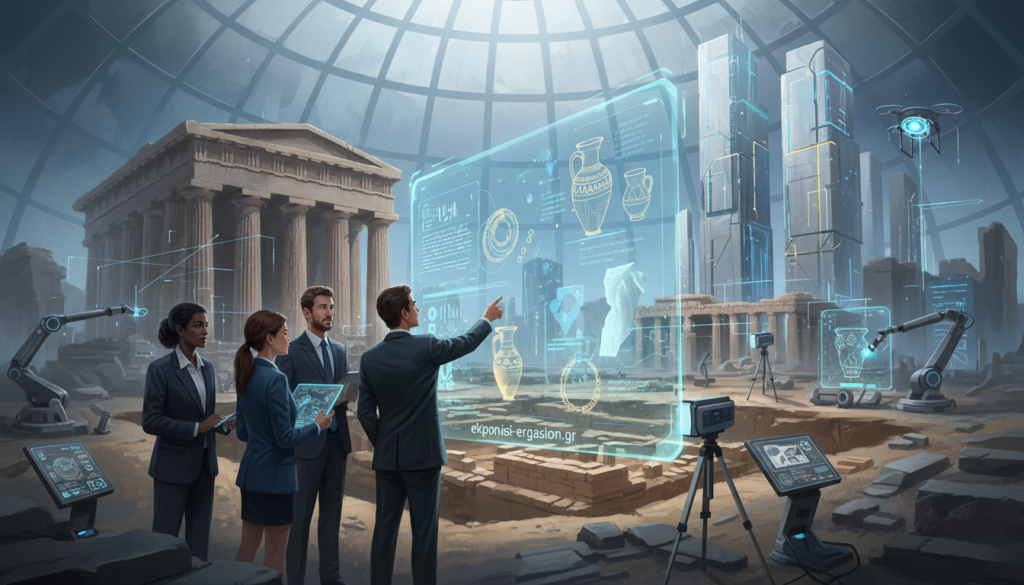 A captivating scene of digital archaeology technology, showcasing a high-tech archaeological site. In the foreground, a diverse team of archaeologists dressed in professional business attire examines a holographic display, revealing ancient artifacts in stunning detail. The middle ground features a partially excavated site with sophisticated scanning equipment, 3D models of relics, and tablets displaying analytics, all under soft, diffused lighting. In the background, a blend of ancient ruins and modern technology coexist, symbolizing the merging of past and present. The atmosphere is one of innovation and discovery, emphasizing the excitement and potential of digital tools in archaeological research. The image should embody a sense of exploration, progress, and the evolution of archaeology. The brand "ekponisi-ergasion.gr" is subtly integrated into the scene. A captivating scene of digital archaeology technology, showcasing a high-tech archaeological site. In the foreground, a diverse team of archaeologists dressed in professional business attire examines a holographic display, revealing ancient artifacts in stunning detail. The middle ground features a partially excavated site with sophisticated scanning equipment, 3D models of relics, and tablets displaying analytics, all under soft, diffused lighting. In the background, a blend of ancient ruins and modern technology coexist, symbolizing the merging of past and present. The atmosphere is one of innovation and discovery, emphasizing the excitement and potential of digital tools in archaeological research. The image should embody a sense of exploration, progress, and the evolution of archaeology. The brand "ekponisi-ergasion.gr" is subtly integrated into the scene.