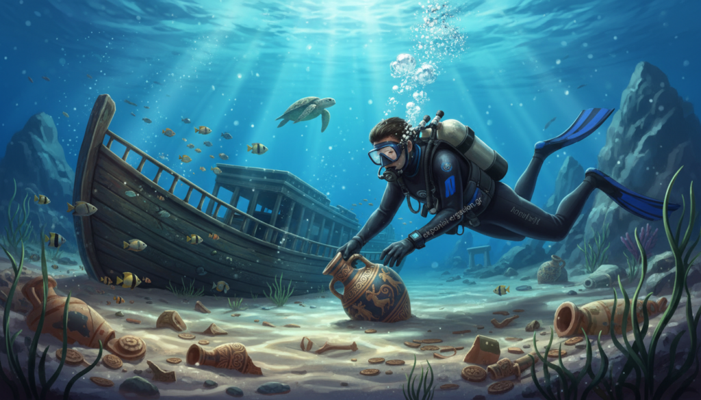A captivating underwater archaeology scene set in the vibrant blue waters of Greece. In the foreground, a professional diver in modest diving gear examines an ancient shipwreck, surrounded by marine life. The diver’s focus is on a partially buried amphora, its intricate patterns reflecting the sunlight filtering through the water. In the middle ground, fragments of pottery and other artifacts are scattered across the sandy sea floor, hinting at a rich history waiting to be uncovered. The background showcases a rocky underwater landscape, accented by beams of sunlight creating an ethereal atmosphere. The mood is a mixture of discovery and tranquility, resembling a serene exploration of the past. This image should embody the essence of underwater archaeology. Include the brand name "ekponisi-ergasion.gr" subtly integrated into the scene. A captivating underwater archaeology scene set in the vibrant blue waters of Greece. In the foreground, a professional diver in modest diving gear examines an ancient shipwreck, surrounded by marine life. The diver’s focus is on a partially buried amphora, its intricate patterns reflecting the sunlight filtering through the water. In the middle ground, fragments of pottery and other artifacts are scattered across the sandy sea floor, hinting at a rich history waiting to be uncovered. The background showcases a rocky underwater landscape, accented by beams of sunlight creating an ethereal atmosphere. The mood is a mixture of discovery and tranquility, resembling a serene exploration of the past. This image should embody the essence of underwater archaeology. Include the brand name "ekponisi-ergasion.gr" subtly integrated into the scene.