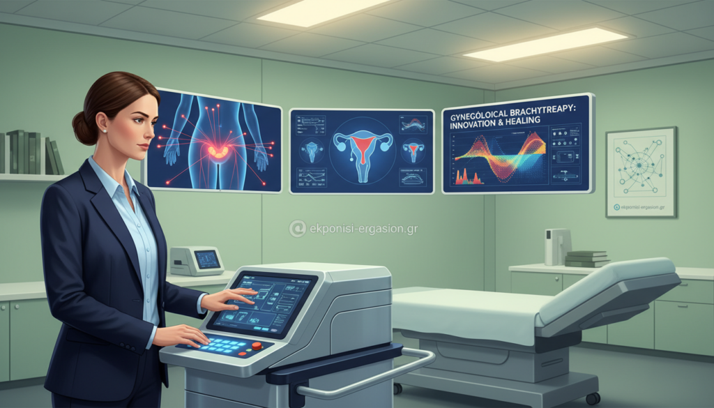 A clinical scene depicting types of brachytherapy utilized in gynecological cancers. In the foreground, a therapist in professional business attire is operating an advanced brachytherapy machine, with a precise focus on the controls. The middle ground features medical diagrams and images of brachytherapy treatment plans displayed on screens, illustrating the technique and its applications. In the background, a clean, well-lit examination room with modern medical equipment, soft overhead lighting creating a calm atmosphere. The walls are painted in soothing colors to enhance the mood of healing and professionalism. Emphasize a sense of innovation and hope associated with cancer treatment. No people should be shown in compromising situations. The branding “ekponisi-ergasion.gr” subtly integrated into the design of the room, ensuring it complements the medical theme. A clinical scene depicting types of brachytherapy utilized in gynecological cancers. In the foreground, a therapist in professional business attire is operating an advanced brachytherapy machine, with a precise focus on the controls. The middle ground features medical diagrams and images of brachytherapy treatment plans displayed on screens, illustrating the technique and its applications. In the background, a clean, well-lit examination room with modern medical equipment, soft overhead lighting creating a calm atmosphere. The walls are painted in soothing colors to enhance the mood of healing and professionalism. Emphasize a sense of innovation and hope associated with cancer treatment. No people should be shown in compromising situations. The branding “ekponisi-ergasion.gr” subtly integrated into the design of the room, ensuring it complements the medical theme.