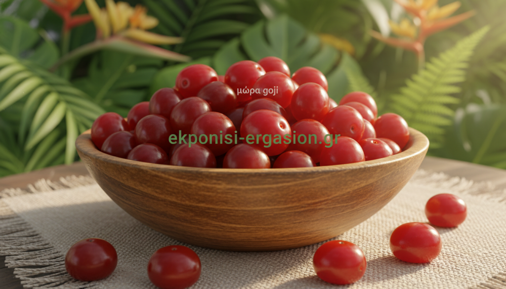 A close-up of vibrant goji berries, known as "μούρα goji," displayed in an elegant, rustic wooden bowl on a textured linen cloth. The berries should be plump and glistening, showcasing their rich crimson color. In the background, soft-focus tropical greenery creates a lush ambiance, evoking a sense of natural vitality. The lighting is warm and inviting, with sun rays filtering through, casting gentle highlights on the bowl. The scene is captured from a slightly elevated angle, enhancing the berries' textures and colors. The overall mood is healthful and vibrant, representing the concept of superfoods in a visually appealing manner. Add the brand name "ekponisi-ergasion.gr" subtly integrated into the background, maintaining a professional aesthetic. A close-up of vibrant goji berries, known as "μούρα goji," displayed in an elegant, rustic wooden bowl on a textured linen cloth. The berries should be plump and glistening, showcasing their rich crimson color. In the background, soft-focus tropical greenery creates a lush ambiance, evoking a sense of natural vitality. The lighting is warm and inviting, with sun rays filtering through, casting gentle highlights on the bowl. The scene is captured from a slightly elevated angle, enhancing the berries' textures and colors. The overall mood is healthful and vibrant, representing the concept of superfoods in a visually appealing manner. Add the brand name "ekponisi-ergasion.gr" subtly integrated into the background, maintaining a professional aesthetic.