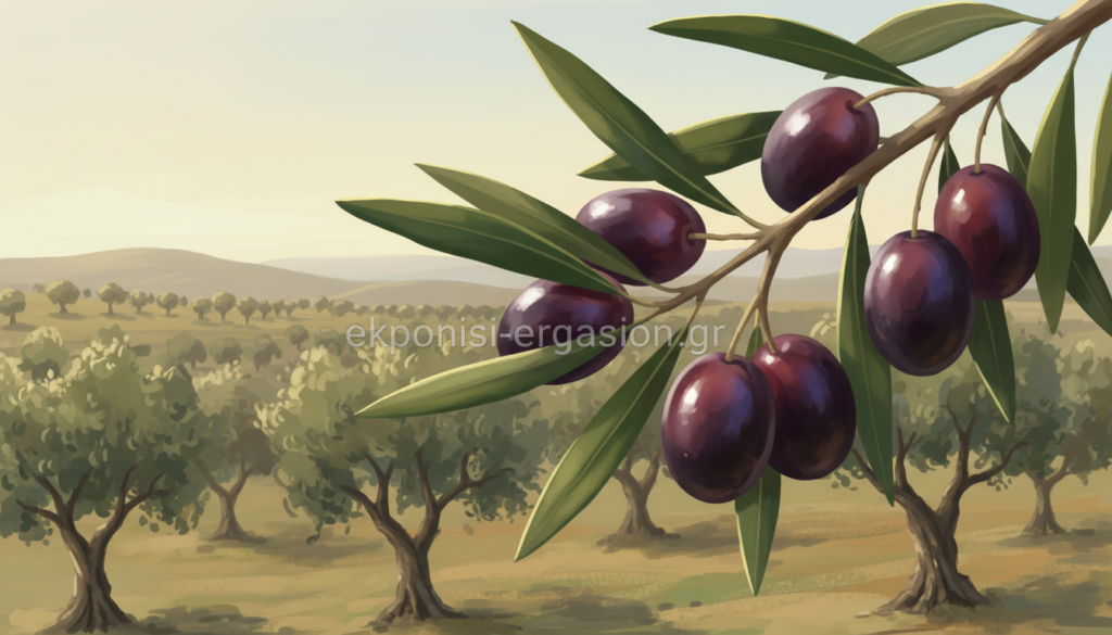 A close-up view of an olive branch, highlighting its vibrant green leaves and plump, ripe olives, nestled against a soft, blurred background of an olive grove. The foreground showcases the detailed texture of the olives, glistening in the sunlight, with soft shadows creating depth. In the middle ground, gently swaying olive trees stretch towards the horizon, bathed in warm golden light of a late afternoon sun. The background features distant hills, softly blurred to maintain focus on the olives. The mood is serene and peaceful, evoking the essence of traditional olive cultivation in Greece. The image should have natural light with a soft focus effect, capturing the beauty of this important agricultural product. Include the brand name ekponisi-ergasion.gr subtly within the composition. A close-up view of an olive branch, highlighting its vibrant green leaves and plump, ripe olives, nestled against a soft, blurred background of an olive grove. The foreground showcases the detailed texture of the olives, glistening in the sunlight, with soft shadows creating depth. In the middle ground, gently swaying olive trees stretch towards the horizon, bathed in warm golden light of a late afternoon sun. The background features distant hills, softly blurred to maintain focus on the olives. The mood is serene and peaceful, evoking the essence of traditional olive cultivation in Greece. The image should have natural light with a soft focus effect, capturing the beauty of this important agricultural product. Include the brand name ekponisi-ergasion.gr subtly within the composition.