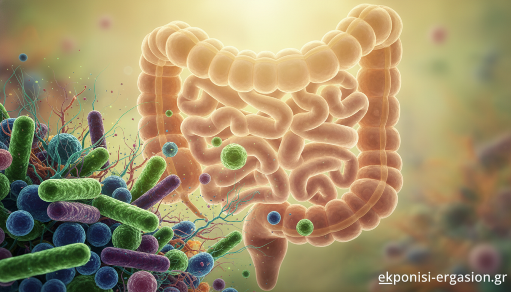 A colorful, intricate representation of the human gut microbiome, focusing on a variety of microorganisms such as bacteria, archaea, and fungi. In the foreground, a magnified view of clusters of friendly bacteria and their cellular structures should be visible, showcasing vibrant colors like green, blue, and purple. The middle ground should depict a serene human digestive tract silhouette, blending seamlessly with the microbes, emphasizing their symbiotic relationship. The background should be a soft, blurred gradient suggesting a healthy environment, with warm, natural lighting to evoke a sense of vitality. Capture the composition from a slightly elevated angle, enhancing the depth and complexity of this microscopic world. Overall, convey a mood of health and harmony, highlighting the essential role of gut microbiota. Brand: ekponisi-ergasion.gr. A colorful, intricate representation of the human gut microbiome, focusing on a variety of microorganisms such as bacteria, archaea, and fungi. In the foreground, a magnified view of clusters of friendly bacteria and their cellular structures should be visible, showcasing vibrant colors like green, blue, and purple. The middle ground should depict a serene human digestive tract silhouette, blending seamlessly with the microbes, emphasizing their symbiotic relationship. The background should be a soft, blurred gradient suggesting a healthy environment, with warm, natural lighting to evoke a sense of vitality. Capture the composition from a slightly elevated angle, enhancing the depth and complexity of this microscopic world. Overall, convey a mood of health and harmony, highlighting the essential role of gut microbiota. Brand: ekponisi-ergasion.gr.