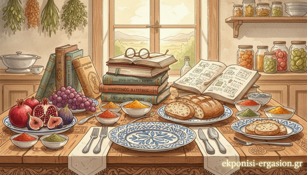 A complex still life illustrating the concept of "δομισμός" in the context of food and culture. In the foreground, an elegantly arranged table features traditional and modern dining elements: intricately designed plates, vibrant Mediterranean fruits, and artisan bread, all symbolizing cultural identity. The middle section depicts scholarly books on anthropology and food theory, suggesting depth in understanding. In the background, a soft-focus view of a sunlit kitchen filled with herbs and spices, representing culinary diversity. The lighting is warm and inviting, creating a thoughtful and introspective mood, with a slight lens blur for depth. Shot with a 50mm lens at eye level, emphasizing the intricate details of the food. Capture the essence of societal connections through food, reflecting the theme of the article seamlessly. ekponisi-ergasion.gr A complex still life illustrating the concept of "δομισμός" in the context of food and culture. In the foreground, an elegantly arranged table features traditional and modern dining elements: intricately designed plates, vibrant Mediterranean fruits, and artisan bread, all symbolizing cultural identity. The middle section depicts scholarly books on anthropology and food theory, suggesting depth in understanding. In the background, a soft-focus view of a sunlit kitchen filled with herbs and spices, representing culinary diversity. The lighting is warm and inviting, creating a thoughtful and introspective mood, with a slight lens blur for depth. Shot with a 50mm lens at eye level, emphasizing the intricate details of the food. Capture the essence of societal connections through food, reflecting the theme of the article seamlessly. ekponisi-ergasion.gr