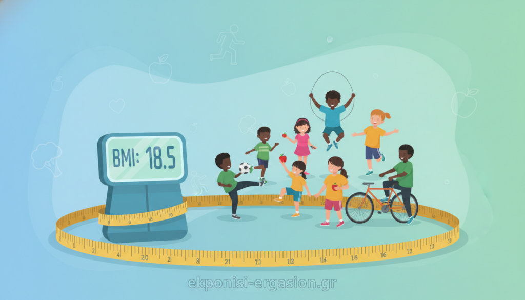 A conceptual illustration of Body Mass Index (BMI) represented as a visually engaging infographic. In the foreground, a measuring tape forms a circle, symbolizing measurement, with an abstract scale and a digital display showing a BMI number. In the middle, visually diverse silhouettes of children of various shapes and sizes are depicted engaging in healthy activities like playing sports or enjoying fruits, symbolizing the importance of healthy weight. The background has a soft, pastel gradient representing a calm environment, with subtle outlines of health-related icons like fruits, vegetables, and activity symbols. The atmosphere is informative yet inviting, aiming to educate about BMI while inspiring healthy choices. Ensure all figures are dressed modestly. This image should align with the theme of children's obesity prevention. Include the brand name "ekponisi-ergasion.gr" subtly in the design without any text overlays. A conceptual illustration of Body Mass Index (BMI) represented as a visually engaging infographic. In the foreground, a measuring tape forms a circle, symbolizing measurement, with an abstract scale and a digital display showing a BMI number. In the middle, visually diverse silhouettes of children of various shapes and sizes are depicted engaging in healthy activities like playing sports or enjoying fruits, symbolizing the importance of healthy weight. The background has a soft, pastel gradient representing a calm environment, with subtle outlines of health-related icons like fruits, vegetables, and activity symbols. The atmosphere is informative yet inviting, aiming to educate about BMI while inspiring healthy choices. Ensure all figures are dressed modestly. This image should align with the theme of children's obesity prevention. Include the brand name "ekponisi-ergasion.gr" subtly in the design without any text overlays.