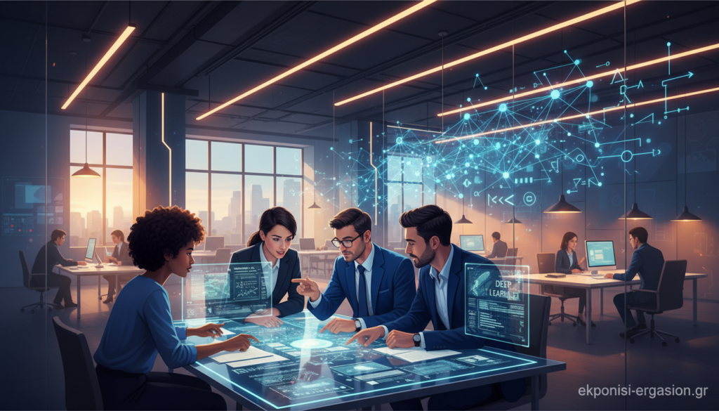 A conceptual illustration of machine learning, focusing on its essence and applications. In the foreground, a diverse group of professionals, including a woman and a man in business attire, are engaged in a collaborative discussion around a large digital display showcasing complex algorithms and data visualizations. In the middle ground, abstract representations of neural networks and data flow symbols intertwine, highlighting the intricate nature of machine learning. The background features a modern, tech-inspired office with warm lighting emanating from sleek, stylish lamps, creating a welcoming and innovative atmosphere. The overall mood is one of collaboration, exploration, and ingenuity, symbolizing the challenges and potentials inherent in data analysis. Include the brand "ekponisi-ergasion.gr" subtly integrated into the lower corner of the image. A conceptual illustration of machine learning, focusing on its essence and applications. In the foreground, a diverse group of professionals, including a woman and a man in business attire, are engaged in a collaborative discussion around a large digital display showcasing complex algorithms and data visualizations. In the middle ground, abstract representations of neural networks and data flow symbols intertwine, highlighting the intricate nature of machine learning. The background features a modern, tech-inspired office with warm lighting emanating from sleek, stylish lamps, creating a welcoming and innovative atmosphere. The overall mood is one of collaboration, exploration, and ingenuity, symbolizing the challenges and potentials inherent in data analysis. Include the brand "ekponisi-ergasion.gr" subtly integrated into the lower corner of the image.