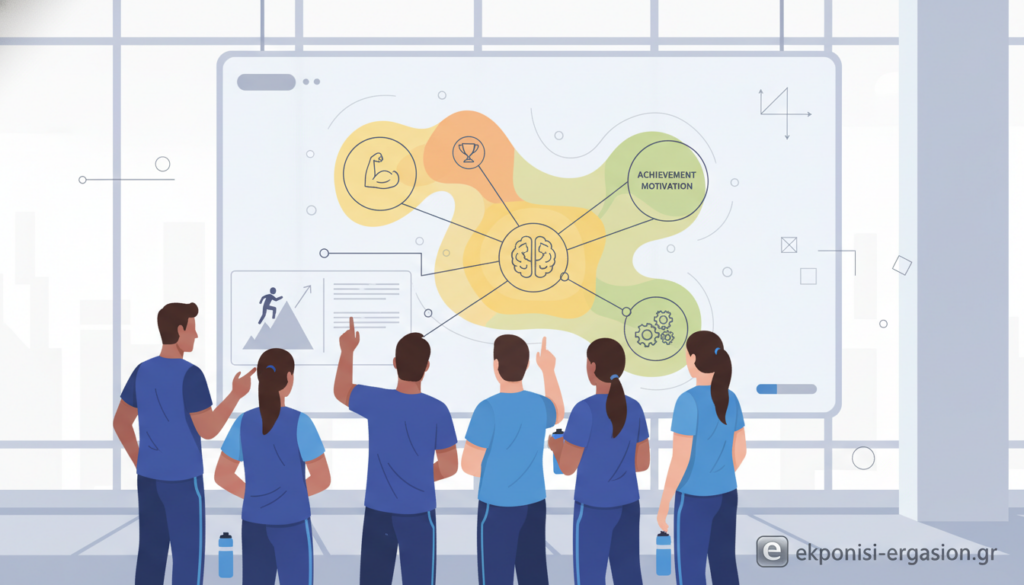A conceptual illustration representing "Motivational Theories" in the context of sports psychology. Foreground: a diverse group of professional-looking athletes engaged in intense discussions, wearing athletic attire in blue tones, deeply focused on motivational charts and diagrams. Middle ground: a large whiteboard filled with colorful diagrams and key motivational theory concepts like self-determination and achievement motivation, emphasizing a collaborative atmosphere. Background: a bright, modern sports training facility with large windows allowing natural light to flood in, creating a vibrant, inspiring mood. The overall composition should convey a sense of teamwork and intellectual engagement, suitable for an academic audience. The image must be clean and professional with no text, watermarks, or signatures, showcasing the brand "ekponisi-ergasion.gr" subtly integrated into the environment. A conceptual illustration representing "Motivational Theories" in the context of sports psychology. Foreground: a diverse group of professional-looking athletes engaged in intense discussions, wearing athletic attire in blue tones, deeply focused on motivational charts and diagrams. Middle ground: a large whiteboard filled with colorful diagrams and key motivational theory concepts like self-determination and achievement motivation, emphasizing a collaborative atmosphere. Background: a bright, modern sports training facility with large windows allowing natural light to flood in, creating a vibrant, inspiring mood. The overall composition should convey a sense of teamwork and intellectual engagement, suitable for an academic audience. The image must be clean and professional with no text, watermarks, or signatures, showcasing the brand "ekponisi-ergasion.gr" subtly integrated into the environment.