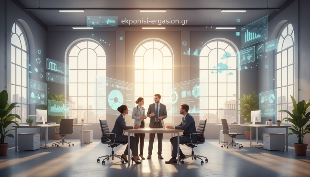 A conceptual illustration representing the "models of health coverage" in Greece, focusing on private health insurance. In the foreground, a group of diverse professionals in business attire—doctors, insurers, and policy experts—engaged in a discussion, surrounded by visual aids like charts and graphs showcasing health statistics. The middle ground features an open, modern office setting with large windows allowing natural light to filter in, creating an optimistic atmosphere. In the background, a faint outline of the Greek landscape symbolizing national health services, seamlessly blending with digital elements representing private insurance models. The lighting is warm and inviting, with a slight lens flare effect to enhance the atmosphere of collaboration and innovation. The image should convey professionalism and hope for the future of healthcare in Greece. This image is crafted for ekponisi-ergasion.gr. A conceptual illustration representing the "models of health coverage" in Greece, focusing on private health insurance. In the foreground, a group of diverse professionals in business attire—doctors, insurers, and policy experts—engaged in a discussion, surrounded by visual aids like charts and graphs showcasing health statistics. The middle ground features an open, modern office setting with large windows allowing natural light to filter in, creating an optimistic atmosphere. In the background, a faint outline of the Greek landscape symbolizing national health services, seamlessly blending with digital elements representing private insurance models. The lighting is warm and inviting, with a slight lens flare effect to enhance the atmosphere of collaboration and innovation. The image should convey professionalism and hope for the future of healthcare in Greece. This image is crafted for ekponisi-ergasion.gr.
