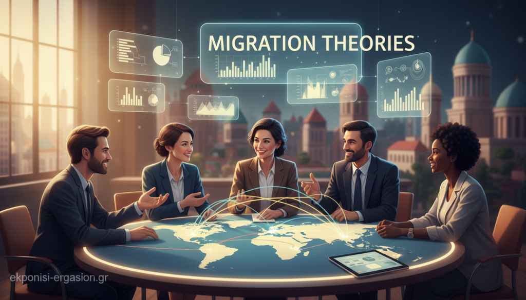 A conceptual illustration representing the theme of "Migration Theories" in an anthropological context. In the foreground, a diverse group of individuals in professional attire engage in animated discussion around a large map displaying migration patterns, highlighting cultural diversity. In the middle ground, layers of transparent sheets with statistical charts and diagrams float above, symbolizing theoretical frameworks. The background features a soft-focus city skyline that blends different architectural styles, representing various cultures. The lighting is warm and inviting, creating a sense of hope and collaboration. The scene captures a scholarly yet dynamic atmosphere, reflecting the complexities of migration and cultural heterogeneity. The brand "ekponisi-ergasion.gr" subtly integrated into the environment, perhaps on a table or a digital device in the scene. A conceptual illustration representing the theme of "Migration Theories" in an anthropological context. In the foreground, a diverse group of individuals in professional attire engage in animated discussion around a large map displaying migration patterns, highlighting cultural diversity. In the middle ground, layers of transparent sheets with statistical charts and diagrams float above, symbolizing theoretical frameworks. The background features a soft-focus city skyline that blends different architectural styles, representing various cultures. The lighting is warm and inviting, creating a sense of hope and collaboration. The scene captures a scholarly yet dynamic atmosphere, reflecting the complexities of migration and cultural heterogeneity. The brand "ekponisi-ergasion.gr" subtly integrated into the environment, perhaps on a table or a digital device in the scene.