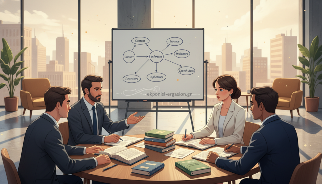 A conceptual illustration representing the theoretical framework of pragmatics in the context of linguistic communication. In the foreground, a diverse group of professionals, dressed in formal business attire, engage in a meaningful discussion around a table filled with books and papers related to language acts and politeness in the Greek language. The middle ground features a whiteboard with flowcharts and diagrams illustrating key concepts of pragmatics. The background shows a modern office setting with large windows, allowing natural light to fill the space, creating a warm atmosphere. The scene conveys a sense of collaboration and intellectual curiosity. Shot with a wide-angle lens to capture the entire setting. The image must be free of any text or logos, except for "ekponisi-ergasion.gr" subtly integrated into the design. A conceptual illustration representing the theoretical framework of pragmatics in the context of linguistic communication. In the foreground, a diverse group of professionals, dressed in formal business attire, engage in a meaningful discussion around a table filled with books and papers related to language acts and politeness in the Greek language. The middle ground features a whiteboard with flowcharts and diagrams illustrating key concepts of pragmatics. The background shows a modern office setting with large windows, allowing natural light to fill the space, creating a warm atmosphere. The scene conveys a sense of collaboration and intellectual curiosity. Shot with a wide-angle lens to capture the entire setting. The image must be free of any text or logos, except for "ekponisi-ergasion.gr" subtly integrated into the design.