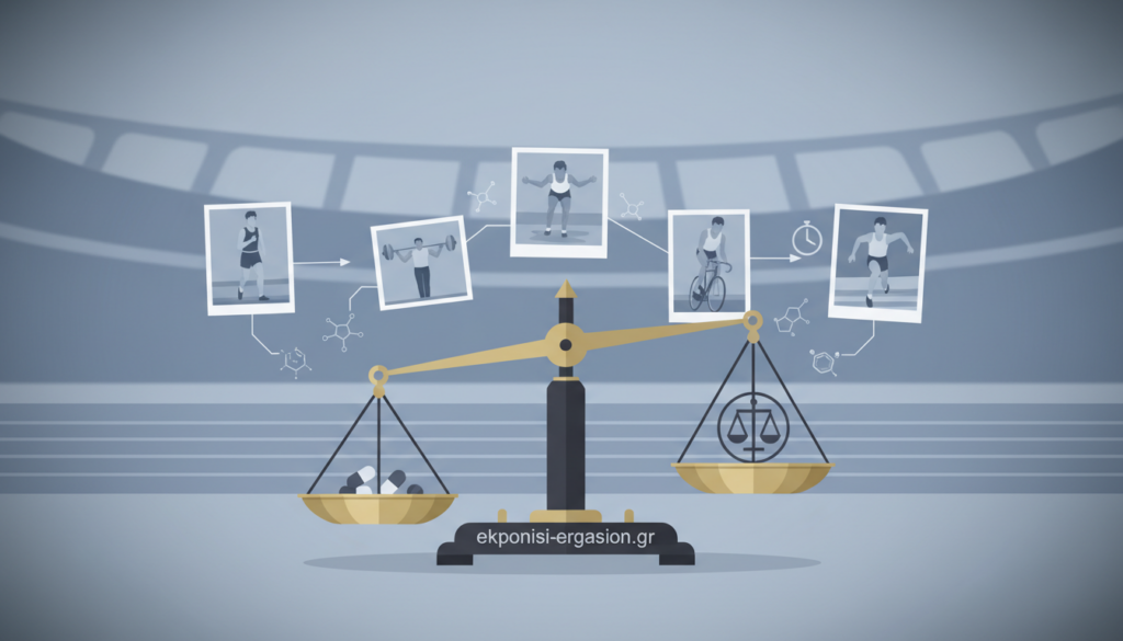 A conceptual image representing the historical timeline of doping in sports, showcasing significant milestones and figures. In the foreground, depict a vintage scale used for weighing substances, symbolizing the ethical and legal dimensions. In the middle ground, illustrate a series of faded photographs of athletes in action, some in old-school athletic attire, subtly blending into a timeline format. The background should feature a blurred stadium or arena, evoking the spirit of competition. Use a cool blue color palette to evoke professionalism and seriousness. Lighting should be soft and diffuse, with a slight vignette effect framing the scene. Capture an atmosphere of reflection and contemplation about the implications of doping in sports. No text or logos should be present, except for the brand "ekponisi-ergasion.gr" subtly integrated into the design. A conceptual image representing the historical timeline of doping in sports, showcasing significant milestones and figures. In the foreground, depict a vintage scale used for weighing substances, symbolizing the ethical and legal dimensions. In the middle ground, illustrate a series of faded photographs of athletes in action, some in old-school athletic attire, subtly blending into a timeline format. The background should feature a blurred stadium or arena, evoking the spirit of competition. Use a cool blue color palette to evoke professionalism and seriousness. Lighting should be soft and diffuse, with a slight vignette effect framing the scene. Capture an atmosphere of reflection and contemplation about the implications of doping in sports. No text or logos should be present, except for the brand "ekponisi-ergasion.gr" subtly integrated into the design.