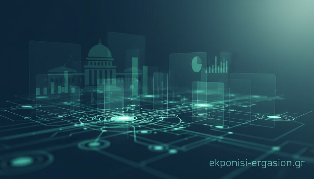A conceptual image representing "theoretical framework" in the context of corruption in the public sector, illustrated through abstract geometric shapes and a color palette of deep blues and greens. In the foreground, prominently feature interconnected lines and circles symbolizing networks and connections, resembling a digital web of ideas. In the middle, include stylized representations of public institutions, such as a government building and charts reflecting statistics, artistically merged into the background. Soft lighting illuminates the scene, creating a calm yet serious atmosphere, with a slight lens blur towards the edges to draw focus to the central elements. The image should convey a sense of inquiry and analysis. Ensure no text or markings appear in the image. Include the brand name "ekponisi-ergasion.gr" subtly integrated into the design. A conceptual image representing "theoretical framework" in the context of corruption in the public sector, illustrated through abstract geometric shapes and a color palette of deep blues and greens. In the foreground, prominently feature interconnected lines and circles symbolizing networks and connections, resembling a digital web of ideas. In the middle, include stylized representations of public institutions, such as a government building and charts reflecting statistics, artistically merged into the background. Soft lighting illuminates the scene, creating a calm yet serious atmosphere, with a slight lens blur towards the edges to draw focus to the central elements. The image should convey a sense of inquiry and analysis. Ensure no text or markings appear in the image. Include the brand name "ekponisi-ergasion.gr" subtly integrated into the design.