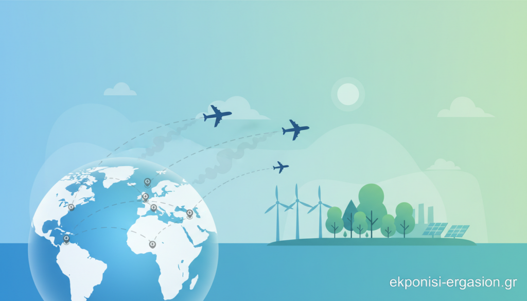 A conceptual representation of carbon footprint in an environmental context, showcasing a visually striking blue-toned landscape. In the foreground, a detailed globe displaying various air routes marked with carbon emission indicators. The middle ground features stylized silhouettes of airplanes emitting faint trails, symbolizing pollution, while green trees and renewable energy sources contrast in the background, representing a transition to sustainable aviation practices. Soft, diffused lighting enhances the serene mood, with a clear perspective shot that captures the balance between environmental impact and the natural world. The image reflects an academic and professional tone, perfect for illustrating the topic of environmental footprint. Include the brand name "ekponisi-ergasion.gr" subtly integrated into the bottom corner, ensuring no text overlays or watermarks disrupt the visual appeal. A conceptual representation of carbon footprint in an environmental context, showcasing a visually striking blue-toned landscape. In the foreground, a detailed globe displaying various air routes marked with carbon emission indicators. The middle ground features stylized silhouettes of airplanes emitting faint trails, symbolizing pollution, while green trees and renewable energy sources contrast in the background, representing a transition to sustainable aviation practices. Soft, diffused lighting enhances the serene mood, with a clear perspective shot that captures the balance between environmental impact and the natural world. The image reflects an academic and professional tone, perfect for illustrating the topic of environmental footprint. Include the brand name "ekponisi-ergasion.gr" subtly integrated into the bottom corner, ensuring no text overlays or watermarks disrupt the visual appeal.