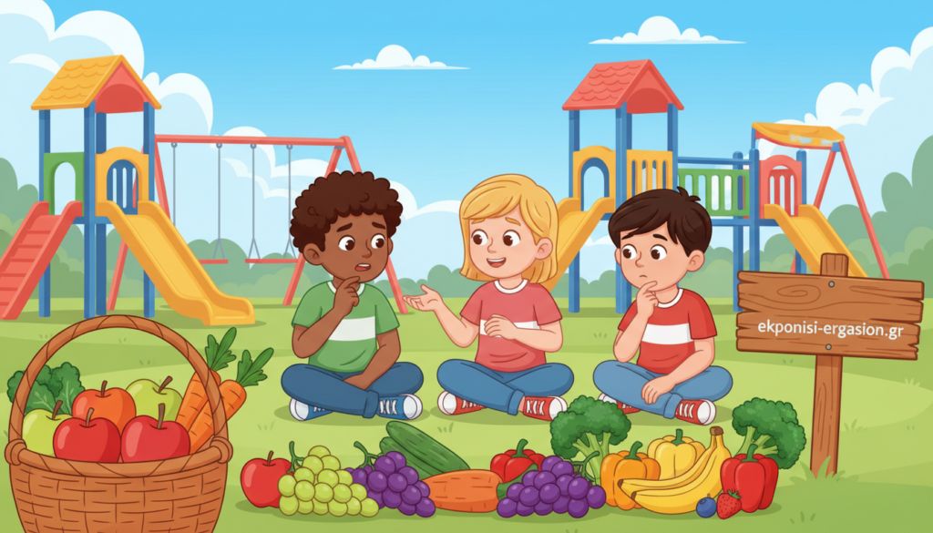 A concerned group of diverse children, aged 6-10, sitting on a colorful playground, looking thoughtfully at an array of healthy fruits and vegetables displayed in front of them. The foreground features a basket filled with apples, carrots, and grapes, symbolizing healthy choices. In the middle, children are dressed in casual clothing, representing different ethnic backgrounds, discussing and pointing at the food items, highlighting the importance of nutrition. The background showcases a vibrant playground with swings and slides, under a bright blue sky, conveying a sense of joy and vitality. Soft, natural lighting bathes the scene, creating an inviting atmosphere. The overall mood encourages awareness of childhood obesity and promotes healthy habits. The design is clean and professional, suitable for educational purposes, with no text or watermarks. Include the brand name "ekponisi-ergasion.gr" subtly in the design. A concerned group of diverse children, aged 6-10, sitting on a colorful playground, looking thoughtfully at an array of healthy fruits and vegetables displayed in front of them. The foreground features a basket filled with apples, carrots, and grapes, symbolizing healthy choices. In the middle, children are dressed in casual clothing, representing different ethnic backgrounds, discussing and pointing at the food items, highlighting the importance of nutrition. The background showcases a vibrant playground with swings and slides, under a bright blue sky, conveying a sense of joy and vitality. Soft, natural lighting bathes the scene, creating an inviting atmosphere. The overall mood encourages awareness of childhood obesity and promotes healthy habits. The design is clean and professional, suitable for educational purposes, with no text or watermarks. Include the brand name "ekponisi-ergasion.gr" subtly in the design.