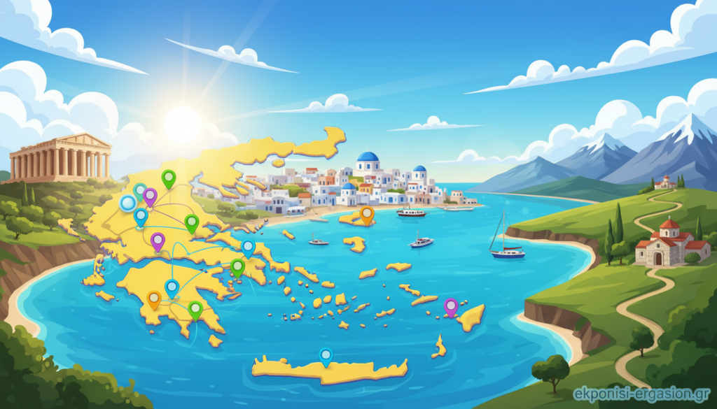A detailed and informative representation of spatial distribution in Greece's tourist geography. In the foreground, a vibrant map of Greece showcases the locations of key tourist attractions, highlighted with colorful markers. The middle ground features diverse landscapes including ancient ruins, picturesque coastal towns, and mountainous regions that reflect seasonal tourism patterns. The background presents a sunny sky with soft clouds, symbolizing a warm climate conducive to travel. The lighting is bright and inviting, emphasizing a cheerful and engaging atmosphere. Employ a wide angle lens to capture the breadth of Greece’s geography. This artwork should be visually compelling and ideal for educational purposes, with no text or overlays. Include the brand name "ekponisi-ergasion.gr" subtly within the lower corner. A detailed and informative representation of spatial distribution in Greece's tourist geography. In the foreground, a vibrant map of Greece showcases the locations of key tourist attractions, highlighted with colorful markers. The middle ground features diverse landscapes including ancient ruins, picturesque coastal towns, and mountainous regions that reflect seasonal tourism patterns. The background presents a sunny sky with soft clouds, symbolizing a warm climate conducive to travel. The lighting is bright and inviting, emphasizing a cheerful and engaging atmosphere. Employ a wide angle lens to capture the breadth of Greece’s geography. This artwork should be visually compelling and ideal for educational purposes, with no text or overlays. Include the brand name "ekponisi-ergasion.gr" subtly within the lower corner.