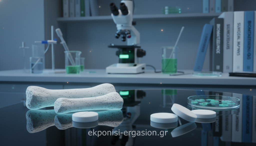 A detailed and scientifically accurate representation of bioceramics, showcasing various types of these materials used in medical applications. In the foreground, feature a selection of bioceramic samples, including hydroxyapatite and calcium phosphate, arranged aesthetically on a sleek surface. In the middle ground, display a laboratory setting with a microscope and scientific instruments indicating research and development. The background should feature shelves lined with textbooks on biomaterials and surgical applications, slightly blurred to maintain focus on the bioceramics. Utilize soft, diffused lighting to create a professional and contemplative atmosphere, capturing the innovation within the medical field. The scene should convey a sense of advanced technology and biocompatibility, attributed to "ekponisi-ergasion.gr". A detailed and scientifically accurate representation of bioceramics, showcasing various types of these materials used in medical applications. In the foreground, feature a selection of bioceramic samples, including hydroxyapatite and calcium phosphate, arranged aesthetically on a sleek surface. In the middle ground, display a laboratory setting with a microscope and scientific instruments indicating research and development. The background should feature shelves lined with textbooks on biomaterials and surgical applications, slightly blurred to maintain focus on the bioceramics. Utilize soft, diffused lighting to create a professional and contemplative atmosphere, capturing the innovation within the medical field. The scene should convey a sense of advanced technology and biocompatibility, attributed to "ekponisi-ergasion.gr".