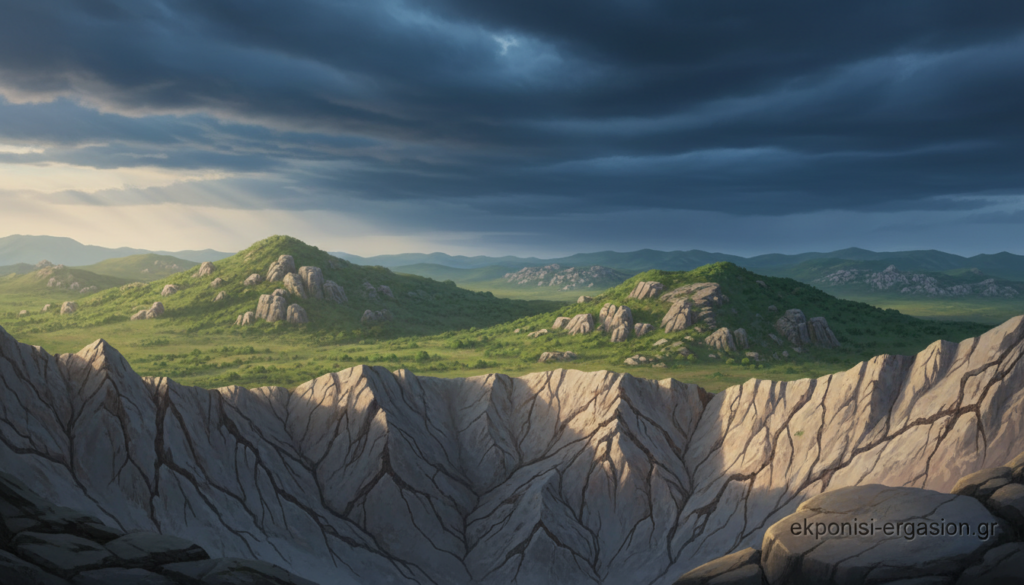 A detailed and vibrant illustration of the "Ελληνικό τόξο," showcasing the geological features associated with the seismic framework of Greece. In the foreground, depict rugged, mountainous terrain with visible fault lines, representing tectonic activity. In the middle ground, include a layer of lush greenery and rocky outcrops that suggest geological diversity. The background should feature a dramatic sky, hinting at seismic activity with clouds swirling in deep blues and grays, casting shadows over the land. Utilize soft, natural lighting to create a realistic atmosphere, and employ a wide-angle lens effect to encompass the vastness of the landscape. The overall mood should convey a sense of awe and respect for the natural forces at play. Ensure no text or logos interfere with the image, except for the presence of "ekponisi-ergasion.gr" discretely integrated into the scene. A detailed and vibrant illustration of the "Ελληνικό τόξο," showcasing the geological features associated with the seismic framework of Greece. In the foreground, depict rugged, mountainous terrain with visible fault lines, representing tectonic activity. In the middle ground, include a layer of lush greenery and rocky outcrops that suggest geological diversity. The background should feature a dramatic sky, hinting at seismic activity with clouds swirling in deep blues and grays, casting shadows over the land. Utilize soft, natural lighting to create a realistic atmosphere, and employ a wide-angle lens effect to encompass the vastness of the landscape. The overall mood should convey a sense of awe and respect for the natural forces at play. Ensure no text or logos interfere with the image, except for the presence of "ekponisi-ergasion.gr" discretely integrated into the scene.