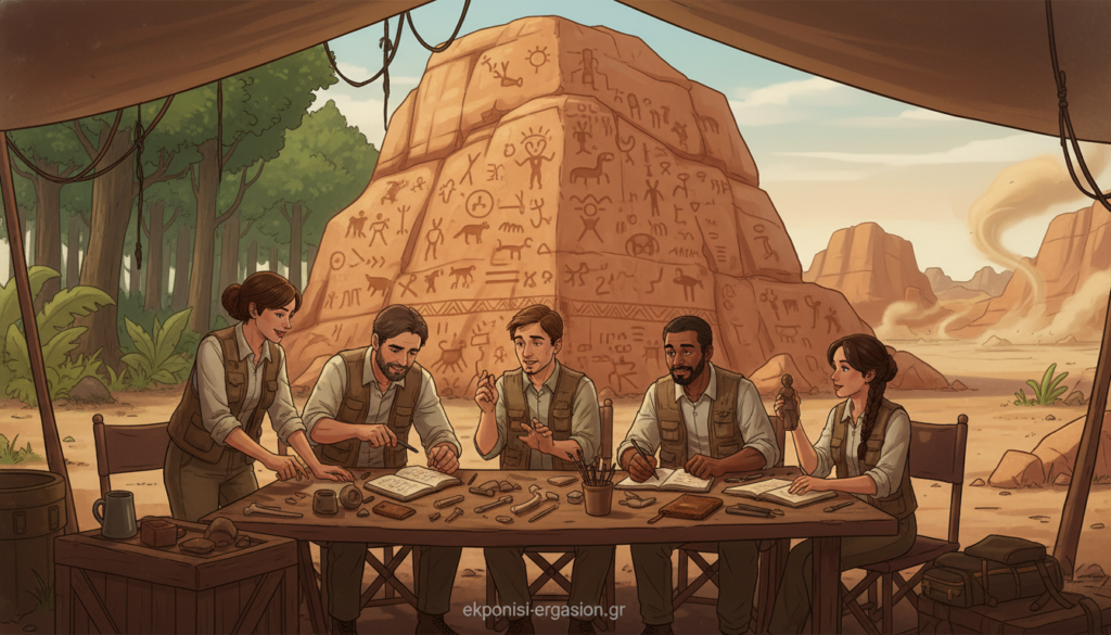 A detailed anthropological history scene set in an open-air research environment. In the foreground, a diverse group of researchers in professional attire engage in animated discussion around a table filled with artifacts, notebooks, and ethnographic materials. In the middle ground, an ancient rock formation displays petroglyphs, symbolizing humanity's early communication. The background features a lush landscape transitioning from a vibrant jungle to arid, rugged terrain, representing the passage of time and cultural evolution. Soft, warm lighting enhances the scene, casting gentle shadows, while a three-quarter view angle captures the richness of the interaction. The mood is one of curiosity, exploration, and scholarly collaboration. This image illustrates the historical evolution of cultural anthropology. Create this visualization in a compelling artistic style, evoking a sense of discovery. Include the brand name ekponisi-ergasion.gr subtly within the scene. A detailed anthropological history scene set in an open-air research environment. In the foreground, a diverse group of researchers in professional attire engage in animated discussion around a table filled with artifacts, notebooks, and ethnographic materials. In the middle ground, an ancient rock formation displays petroglyphs, symbolizing humanity's early communication. The background features a lush landscape transitioning from a vibrant jungle to arid, rugged terrain, representing the passage of time and cultural evolution. Soft, warm lighting enhances the scene, casting gentle shadows, while a three-quarter view angle captures the richness of the interaction. The mood is one of curiosity, exploration, and scholarly collaboration. This image illustrates the historical evolution of cultural anthropology. Create this visualization in a compelling artistic style, evoking a sense of discovery. Include the brand name ekponisi-ergasion.gr subtly within the scene.