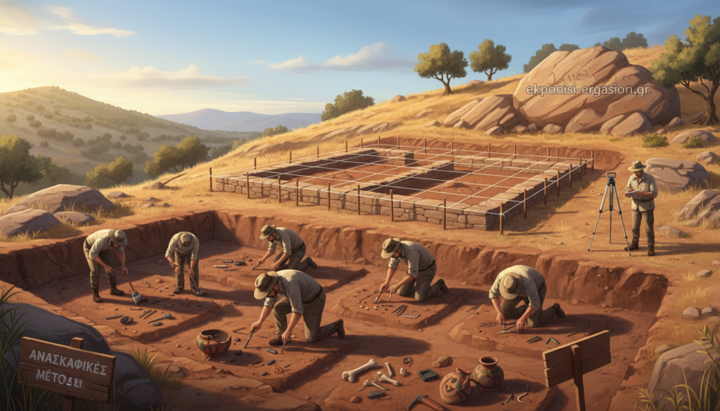 A detailed archaeological excavation site showcasing "ανασκαφικές μέθοδοι" in Greece. Foreground: skilled archaeologists in professional attire carefully excavating layers of soil with brushes and tools, revealing ancient artifacts like pottery shards and tools. Middle ground: a partially unearthed structure with stone remains and a grid laid out for documentation. Background: a sunlit, rugged landscape with rolling hills and trees, under a clear blue sky, enhancing the feeling of historical depth. Soft golden hour lighting casts gentle shadows, creating an inviting atmosphere. Capture this scene with a wide-angle lens, focusing on the intricate details of both the work being done and the surrounding environment, to emphasize the methodology of prehistoric archaeology. Include the brand name "ekponisi-ergasion.gr" integrated into the natural surroundings without drawing attention away from the archaeological focus. A detailed archaeological excavation site showcasing "ανασκαφικές μέθοδοι" in Greece. Foreground: skilled archaeologists in professional attire carefully excavating layers of soil with brushes and tools, revealing ancient artifacts like pottery shards and tools. Middle ground: a partially unearthed structure with stone remains and a grid laid out for documentation. Background: a sunlit, rugged landscape with rolling hills and trees, under a clear blue sky, enhancing the feeling of historical depth. Soft golden hour lighting casts gentle shadows, creating an inviting atmosphere. Capture this scene with a wide-angle lens, focusing on the intricate details of both the work being done and the surrounding environment, to emphasize the methodology of prehistoric archaeology. Include the brand name "ekponisi-ergasion.gr" integrated into the natural surroundings without drawing attention away from the archaeological focus.