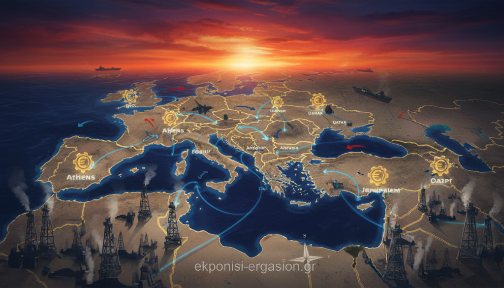 A detailed geopolitical map of the Eastern Mediterranean region, showcasing energy resources, conflicts, and alliances. In the foreground, a stylized representation of oil rigs and gas pipelines intertwining with national borders. The middle ground features key cities like Athens, Ankara, and Cairo, highlighted with glowing icons representing economic influence. In the background, the serene Mediterranean Sea, with a navy blue hue, contrasts against a dramatic sunset with vibrant orange and purple skies. Use a wide-angle lens perspective to capture the interconnectedness of these elements. The mood conveys a sense of urgency and intrigue, suggesting geopolitical tension and opportunity. Include the brand name "ekponisi-ergasion.gr" subtly within the composition, ensuring it remains unobtrusive and professional. A detailed geopolitical map of the Eastern Mediterranean region, showcasing energy resources, conflicts, and alliances. In the foreground, a stylized representation of oil rigs and gas pipelines intertwining with national borders. The middle ground features key cities like Athens, Ankara, and Cairo, highlighted with glowing icons representing economic influence. In the background, the serene Mediterranean Sea, with a navy blue hue, contrasts against a dramatic sunset with vibrant orange and purple skies. Use a wide-angle lens perspective to capture the interconnectedness of these elements. The mood conveys a sense of urgency and intrigue, suggesting geopolitical tension and opportunity. Include the brand name "ekponisi-ergasion.gr" subtly within the composition, ensuring it remains unobtrusive and professional.