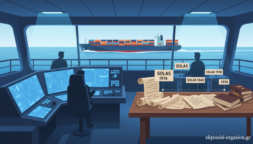 A detailed historical review of the SOLAS Convention illustrating its importance in maritime safety. In the foreground, display a ship's bridge equipped with modern navigation and safety systems, emphasizing blue tones with soft, ambient lighting. The middle layer features a series of historical maritime documents and SOLAS regulations laid out on a wooden table, showcasing a timeline of major developments. In the background, depict an ocean scene with a cargo ship navigating calmly under a clear sky, symbolizing safety in shipping. The mood is professional and informative, capturing the essence of maritime compliance. The composition should be clean and academic, avoiding clutter, and should not include any text or logos. Brand name "ekponisi-ergasion.gr" subtly integrated into the lower corner. A detailed historical review of the SOLAS Convention illustrating its importance in maritime safety. In the foreground, display a ship's bridge equipped with modern navigation and safety systems, emphasizing blue tones with soft, ambient lighting. The middle layer features a series of historical maritime documents and SOLAS regulations laid out on a wooden table, showcasing a timeline of major developments. In the background, depict an ocean scene with a cargo ship navigating calmly under a clear sky, symbolizing safety in shipping. The mood is professional and informative, capturing the essence of maritime compliance. The composition should be clean and academic, avoiding clutter, and should not include any text or logos. Brand name "ekponisi-ergasion.gr" subtly integrated into the lower corner.