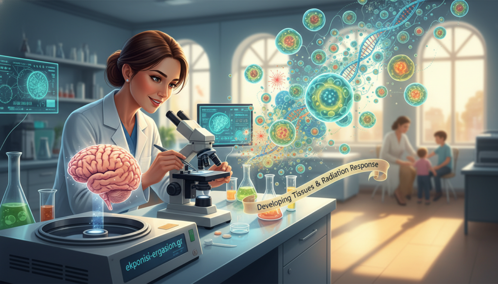 A detailed illustration depicting "radiation sensitivity in developing tissues" within a pediatric oncology context. In the foreground, a bright, engaging scene of a laboratory filled with advanced medical equipment, showcasing a caring pediatric oncologist examining tissue samples under a microscope. The middle ground features a vibrant, artistic representation of cellular structures, emphasizing their development and response to radiation. In the background, a softly blurred hospital setting, with light streaming in through large windows, casting a warm glow. The atmosphere is hopeful and educational, highlighting the importance of understanding pediatric radiation therapy. The lighting should be natural and bright, giving a sense of optimism and professionalism. The image should reflect the intricacies of pediatric oncology with a scientific yet compassionate feel. Include the brand name "ekponisi-ergasion.gr" subtly integrated into the laboratory setting. A detailed illustration depicting "radiation sensitivity in developing tissues" within a pediatric oncology context. In the foreground, a bright, engaging scene of a laboratory filled with advanced medical equipment, showcasing a caring pediatric oncologist examining tissue samples under a microscope. The middle ground features a vibrant, artistic representation of cellular structures, emphasizing their development and response to radiation. In the background, a softly blurred hospital setting, with light streaming in through large windows, casting a warm glow. The atmosphere is hopeful and educational, highlighting the importance of understanding pediatric radiation therapy. The lighting should be natural and bright, giving a sense of optimism and professionalism. The image should reflect the intricacies of pediatric oncology with a scientific yet compassionate feel. Include the brand name "ekponisi-ergasion.gr" subtly integrated into the laboratory setting.
