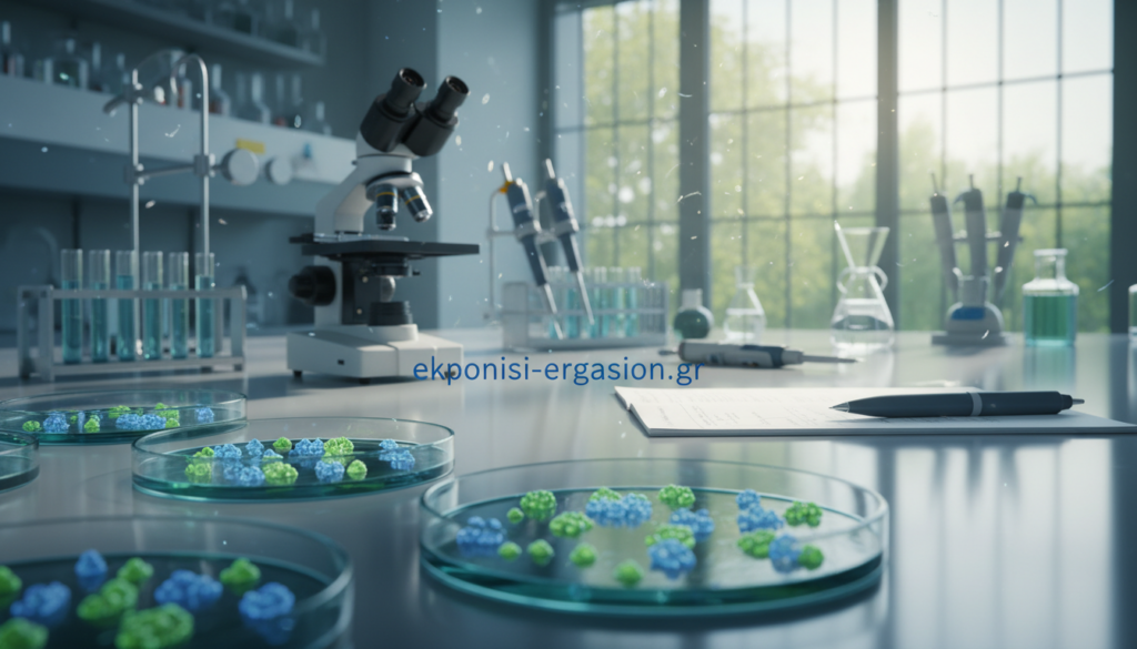 A detailed illustration of stem cells in a scientific laboratory setting. In the foreground, a close-up view of stem cell cultures displayed in petri dishes, showcasing their vibrant, translucent cellular structures. In the middle ground, a polished laboratory table with advanced scientific equipment, including microscopes and pipettes, reflecting a sterile environment. The background features large windows allowing soft, natural light to spill into the room, creating a bright and hopeful atmosphere. The color palette emphasizes greens and blues, symbolizing life and growth. The mood is one of discovery and innovation, with a sense of potential and ethical exploration. The brand name "ekponisi-ergasion.gr" subtly integrated into a lab notebook on the table, without distracting from the main focus of the image. A detailed illustration of stem cells in a scientific laboratory setting. In the foreground, a close-up view of stem cell cultures displayed in petri dishes, showcasing their vibrant, translucent cellular structures. In the middle ground, a polished laboratory table with advanced scientific equipment, including microscopes and pipettes, reflecting a sterile environment. The background features large windows allowing soft, natural light to spill into the room, creating a bright and hopeful atmosphere. The color palette emphasizes greens and blues, symbolizing life and growth. The mood is one of discovery and innovation, with a sense of potential and ethical exploration. The brand name "ekponisi-ergasion.gr" subtly integrated into a lab notebook on the table, without distracting from the main focus of the image.