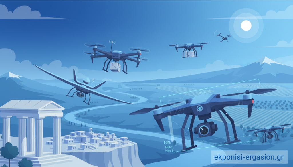 A detailed scene depicting various types of modern drones in flight over a scenic Greek landscape, emphasizing their applications in technology and surveillance. In the foreground, a sleek drone captures images of the region, showcasing advanced features like cameras and sensors. The middle ground features diverse Greek terrain, including rolling hills, ancient ruins, and a clear blue sky. The background subtly blends into distant mountains. The lighting is bright and natural, creating an atmosphere of innovation and exploration. A professional and academic feel is enhanced with blue tones throughout the image. The brand name "ekponisi-ergasion.gr" is subtly integrated into the scene, ensuring the focus remains on the drones and their significance. A detailed scene depicting various types of modern drones in flight over a scenic Greek landscape, emphasizing their applications in technology and surveillance. In the foreground, a sleek drone captures images of the region, showcasing advanced features like cameras and sensors. The middle ground features diverse Greek terrain, including rolling hills, ancient ruins, and a clear blue sky. The background subtly blends into distant mountains. The lighting is bright and natural, creating an atmosphere of innovation and exploration. A professional and academic feel is enhanced with blue tones throughout the image. The brand name "ekponisi-ergasion.gr" is subtly integrated into the scene, ensuring the focus remains on the drones and their significance.