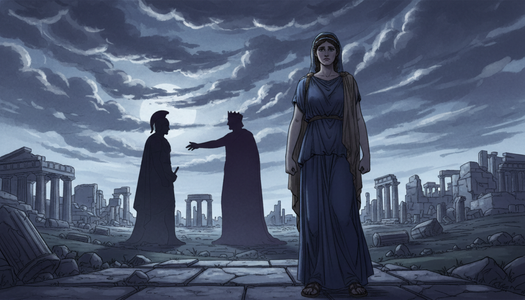 A dramatic depiction of the myth of the Labdacid family in ancient Greek mythology, featuring a somber atmosphere. In the foreground, Antigone stands resolutely, dressed in a flowing, modest ancient Greek tunic, her expression reflecting determination and sorrow. In the middle, the shadowy figures of her brother Polynices and the ominous silhouette of King Creon loom, symbolizing conflict. The background portrays the ruins of Thebes bathed in ethereal moonlight, highlighting the ancient city’s grandeur and tragedy. A dark, cloudy sky enhances the mood, with hints of silver light breaking through. Capture this composition with a cinematic angle to evoke a sense of depth and drama, showcasing the timeless themes of duty and defiance inherent in the story. No text, watermarks, or logos. Generated by ekponisi-ergasion.gr. A dramatic depiction of the myth of the Labdacid family in ancient Greek mythology, featuring a somber atmosphere. In the foreground, Antigone stands resolutely, dressed in a flowing, modest ancient Greek tunic, her expression reflecting determination and sorrow. In the middle, the shadowy figures of her brother Polynices and the ominous silhouette of King Creon loom, symbolizing conflict. The background portrays the ruins of Thebes bathed in ethereal moonlight, highlighting the ancient city’s grandeur and tragedy. A dark, cloudy sky enhances the mood, with hints of silver light breaking through. Capture this composition with a cinematic angle to evoke a sense of depth and drama, showcasing the timeless themes of duty and defiance inherent in the story. No text, watermarks, or logos. Generated by ekponisi-ergasion.gr.