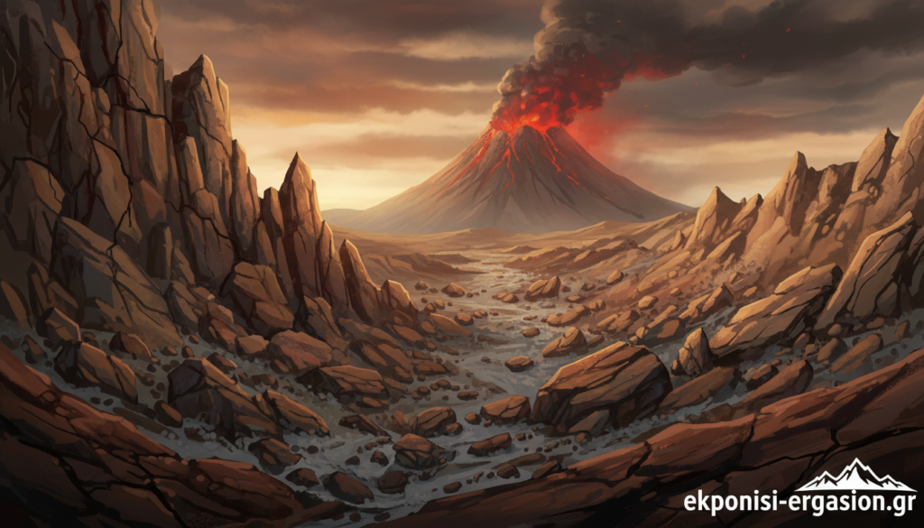 A dramatic landscape depicting geological hazards, prominently featuring a steep, rocky cliff face with cracks and signs of erosion in the foreground. In the middle ground, a series of landslides and rocky debris scatter across a valley, hinting at the power of nature's forces. The background reveals a volcanic mountain with a plume of smoke rising ominously into the sky. Warm, moody lighting highlights the textures of the rocks and the turbulent atmosphere, giving a sense of urgency and danger. The overall color palette includes earthy tones of browns and grays contrasted with the vibrant reds and oranges from the volcanic activity. This image should evoke awareness of geological risks and is intended for illustrative purposes for the brand "ekponisi-ergasion.gr". A dramatic landscape depicting geological hazards, prominently featuring a steep, rocky cliff face with cracks and signs of erosion in the foreground. In the middle ground, a series of landslides and rocky debris scatter across a valley, hinting at the power of nature's forces. The background reveals a volcanic mountain with a plume of smoke rising ominously into the sky. Warm, moody lighting highlights the textures of the rocks and the turbulent atmosphere, giving a sense of urgency and danger. The overall color palette includes earthy tones of browns and grays contrasted with the vibrant reds and oranges from the volcanic activity. This image should evoke awareness of geological risks and is intended for illustrative purposes for the brand "ekponisi-ergasion.gr".