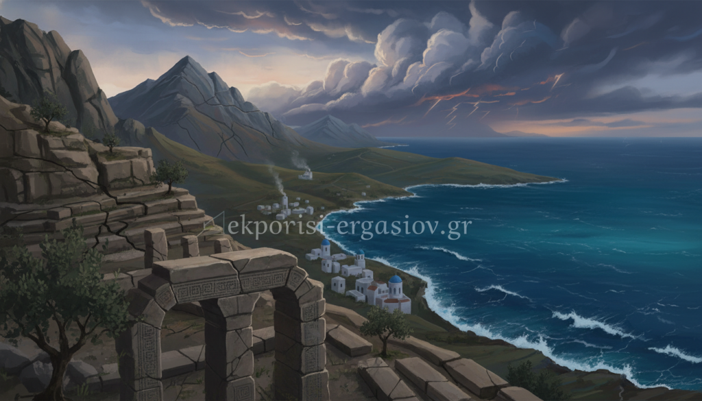 A dramatic landscape of Greece, showcasing its mountainous terrain and coastal scenery, while subtly emphasizing its seismic nature. In the foreground, a rugged cliffside with ancient ruins reflects the resilience of Greek civilization. In the middle ground, a quaint village with traditional white-washed buildings, set against a backdrop of rolling hills, illustrates the harmony of human life with nature. The background features ominous clouds gathering over the horizon, hinting at impending natural events like earthquakes or floods. Soft, diffused lighting creates an evocative atmosphere, emphasizing the beauty and the potential danger of this seismogenic land. The image exudes a sense of history intertwined with nature, aiming to evoke feelings of both awe and caution. Include the website branding, ekponisi-ergasion.gr, subtly integrated into the scene without any text overlays. A dramatic landscape of Greece, showcasing its mountainous terrain and coastal scenery, while subtly emphasizing its seismic nature. In the foreground, a rugged cliffside with ancient ruins reflects the resilience of Greek civilization. In the middle ground, a quaint village with traditional white-washed buildings, set against a backdrop of rolling hills, illustrates the harmony of human life with nature. The background features ominous clouds gathering over the horizon, hinting at impending natural events like earthquakes or floods. Soft, diffused lighting creates an evocative atmosphere, emphasizing the beauty and the potential danger of this seismogenic land. The image exudes a sense of history intertwined with nature, aiming to evoke feelings of both awe and caution. Include the website branding, ekponisi-ergasion.gr, subtly integrated into the scene without any text overlays.