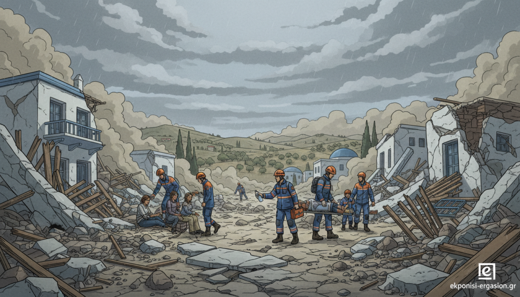 A dramatic scene depicting the aftermath of an earthquake in Greece. In the foreground, shattered buildings with debris scattered around, demonstrating the destruction caused by seismic activity. In the middle ground, emergency responders in professional attire are assisting injured individuals, showcasing a sense of urgency and compassion. The background reveals a scenic Greek landscape, including distant hills and olive trees, juxtaposed against the destruction. The lighting is moody, with gray clouds overhead hinting at impending rain, enhancing the atmosphere of tension and resilience. A slightly elevated angle captures the scale of the devastation. This image encapsulates the impact of earthquakes on Greek communities, perfect for illustrating the topic of seismic disasters. ekponisi-ergasion.gr A dramatic scene depicting the aftermath of an earthquake in Greece. In the foreground, shattered buildings with debris scattered around, demonstrating the destruction caused by seismic activity. In the middle ground, emergency responders in professional attire are assisting injured individuals, showcasing a sense of urgency and compassion. The background reveals a scenic Greek landscape, including distant hills and olive trees, juxtaposed against the destruction. The lighting is moody, with gray clouds overhead hinting at impending rain, enhancing the atmosphere of tension and resilience. A slightly elevated angle captures the scale of the devastation. This image encapsulates the impact of earthquakes on Greek communities, perfect for illustrating the topic of seismic disasters. ekponisi-ergasion.gr