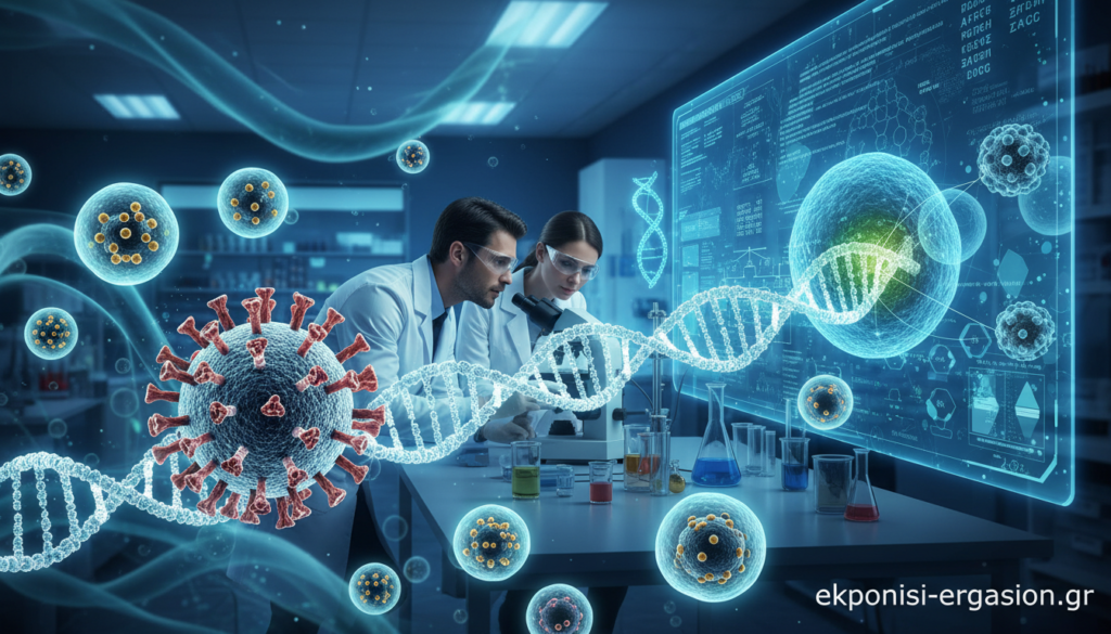 A dynamic illustration of gene delivery vectors, showcasing various types such as viral vectors, liposomes, and nanoparticles in action. In the foreground, a stylized, luminous virus with a detailed surface structure transports genetic material, surrounded by glowing liposomes. The middle ground features a laboratory setting with scientists in professional attire examining the vectors under microscopes, emphasizing a sense of discovery. The background includes a digital interface displaying genetic sequences and diagrams, filled with blue and green hues to convey a high-tech atmosphere. Gentle, focused lighting casts soft shadows, creating a clinical yet innovative mood. The composition aims to reflect the mechanisms of gene therapy in a visually engaging and informative manner. Branding element: ekponisi-ergasion.gr. A dynamic illustration of gene delivery vectors, showcasing various types such as viral vectors, liposomes, and nanoparticles in action. In the foreground, a stylized, luminous virus with a detailed surface structure transports genetic material, surrounded by glowing liposomes. The middle ground features a laboratory setting with scientists in professional attire examining the vectors under microscopes, emphasizing a sense of discovery. The background includes a digital interface displaying genetic sequences and diagrams, filled with blue and green hues to convey a high-tech atmosphere. Gentle, focused lighting casts soft shadows, creating a clinical yet innovative mood. The composition aims to reflect the mechanisms of gene therapy in a visually engaging and informative manner. Branding element: ekponisi-ergasion.gr.