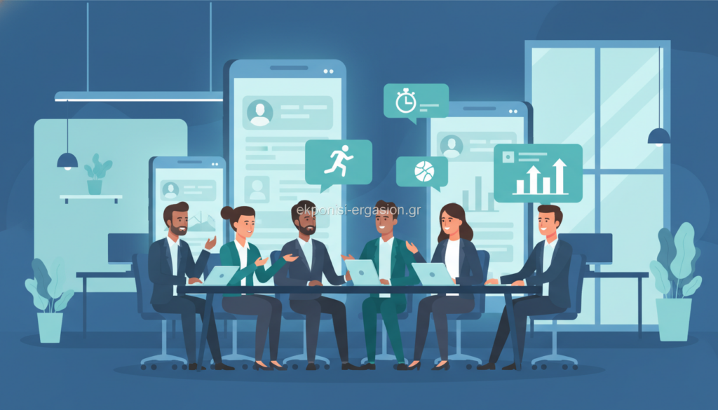 A dynamic scene depicting the concept of "Sports Marketing" in the context of social media. In the foreground, a diverse group of professional marketers and athletes are engaged in a strategic discussion, dressed in smart business attire, exuding collaboration and energy. The middle layer features various digital devices showcasing vibrant social media platforms with sporty graphics and analytics. The background consists of a modern office space with blue tones, symbolizing professionalism and creativity. Soft, diffused lighting illuminates the room, creating a focused yet inspiring atmosphere. A subtle hint of the brand "ekponisi-ergasion.gr" is integrated into the digital screens. The composition should be clear and professional, without any text or distractions, capturing the essence of sports marketing strategies in the era of social media. A dynamic scene depicting the concept of "Sports Marketing" in the context of social media. In the foreground, a diverse group of professional marketers and athletes are engaged in a strategic discussion, dressed in smart business attire, exuding collaboration and energy. The middle layer features various digital devices showcasing vibrant social media platforms with sporty graphics and analytics. The background consists of a modern office space with blue tones, symbolizing professionalism and creativity. Soft, diffused lighting illuminates the room, creating a focused yet inspiring atmosphere. A subtle hint of the brand "ekponisi-ergasion.gr" is integrated into the digital screens. The composition should be clear and professional, without any text or distractions, capturing the essence of sports marketing strategies in the era of social media.