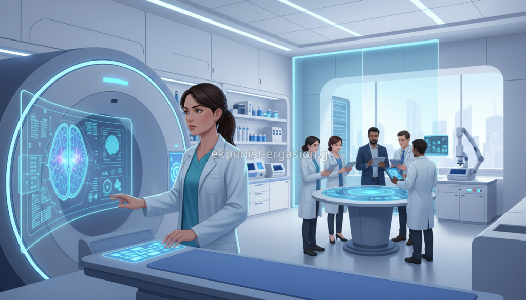 A dynamic scene illustrating biomedical technology focused on diagnostic imaging. In the foreground, a modern medical professional in a lab coat operates a state-of-the-art MRI machine, showing a detailed scan of a human brain on the screen, illuminated by soft, blue lighting. In the middle ground, a diverse team of clinicians collaborates over digital tablets displaying patient data, surrounded by advanced diagnostic equipment. The background features a clinical setting with sleek design elements, ensuring a clean and organized atmosphere. Use a slightly elevated angle to convey a sense of innovation and teamwork. The mood should be professional, focused, and inspiring, reflecting the advancements in biomedical diagnostics. Include the brand name "ekponisi-ergasion.gr" subtly integrated into the environment without text overlays or watermarks. A dynamic scene illustrating biomedical technology focused on diagnostic imaging. In the foreground, a modern medical professional in a lab coat operates a state-of-the-art MRI machine, showing a detailed scan of a human brain on the screen, illuminated by soft, blue lighting. In the middle ground, a diverse team of clinicians collaborates over digital tablets displaying patient data, surrounded by advanced diagnostic equipment. The background features a clinical setting with sleek design elements, ensuring a clean and organized atmosphere. Use a slightly elevated angle to convey a sense of innovation and teamwork. The mood should be professional, focused, and inspiring, reflecting the advancements in biomedical diagnostics. Include the brand name "ekponisi-ergasion.gr" subtly integrated into the environment without text overlays or watermarks.