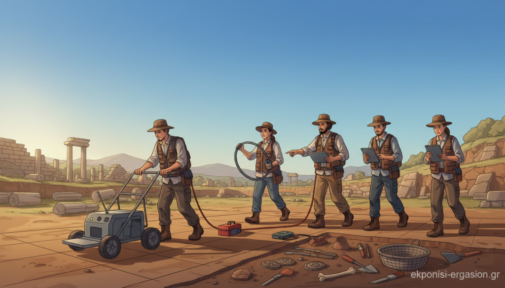 A dynamic scene showcasing geophysical surveying in an archaeological context, focusing on advanced technologies used for excavation. In the foreground, a diverse team of archaeologists in professional attire uses sophisticated equipment like ground-penetrating radar and electromagnetic sensors. In the middle ground, excavation tools and artifacts are carefully laid out, revealing layers of soil and historical materials. The background features a panoramic view of an archaeological site with sun-drenched archaeological ruins under a clear blue sky. The image is captured from a low angle, emphasizing the team at work, with dramatic lighting creating a sense of urgency and discovery. The overall mood is that of innovation and collaboration in the pursuit of historical knowledge. Include the brand name "ekponisi-ergasion.gr" subtly in the corner. A dynamic scene showcasing geophysical surveying in an archaeological context, focusing on advanced technologies used for excavation. In the foreground, a diverse team of archaeologists in professional attire uses sophisticated equipment like ground-penetrating radar and electromagnetic sensors. In the middle ground, excavation tools and artifacts are carefully laid out, revealing layers of soil and historical materials. The background features a panoramic view of an archaeological site with sun-drenched archaeological ruins under a clear blue sky. The image is captured from a low angle, emphasizing the team at work, with dramatic lighting creating a sense of urgency and discovery. The overall mood is that of innovation and collaboration in the pursuit of historical knowledge. Include the brand name "ekponisi-ergasion.gr" subtly in the corner.