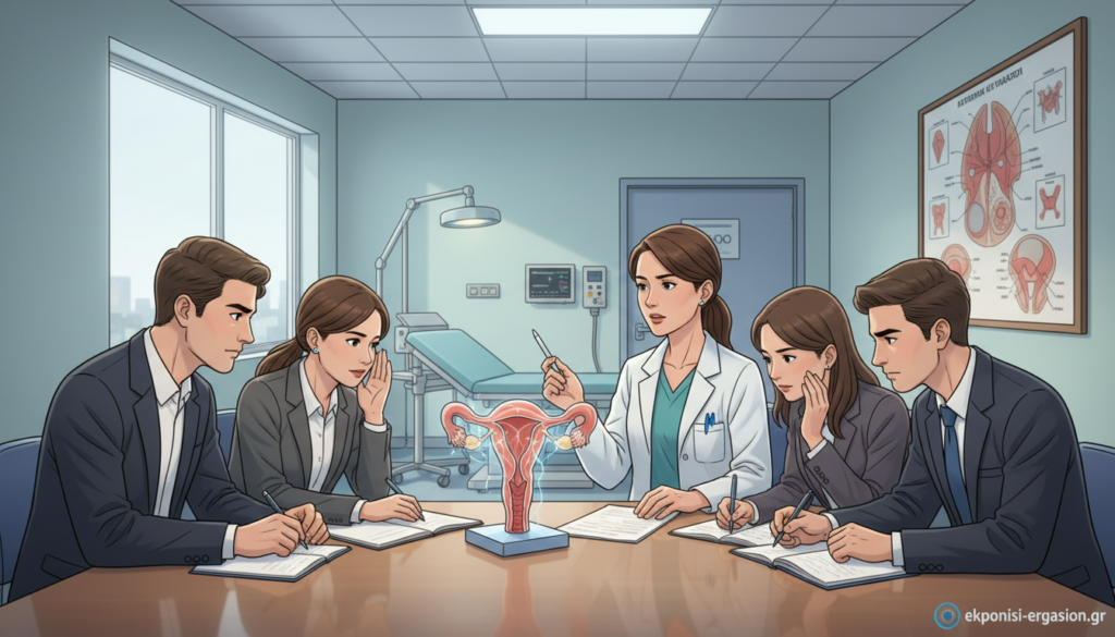 A focused and professional medical setting, featuring a gynecologist explaining brachytherapy techniques to a group of attentive medical students. In the foreground, the gynecologist, wearing a white lab coat, is gesturing towards a detailed anatomical model of the female reproductive system. The medical students, dressed in professional attire, display interest and engagement as they take notes and discuss among themselves. The middle background shows a well-equipped examination room with bright, balanced lighting, ensuring clarity. A large anatomical diagram is mounted on the wall, emphasizing the context of gynecological cancers. The atmosphere is collaborative and educational, reflecting a sense of seriousness and dedication to patient care. The brand name "ekponisi-ergasion.gr" is subtly incorporated into the scene through a small logo on the wall. A focused and professional medical setting, featuring a gynecologist explaining brachytherapy techniques to a group of attentive medical students. In the foreground, the gynecologist, wearing a white lab coat, is gesturing towards a detailed anatomical model of the female reproductive system. The medical students, dressed in professional attire, display interest and engagement as they take notes and discuss among themselves. The middle background shows a well-equipped examination room with bright, balanced lighting, ensuring clarity. A large anatomical diagram is mounted on the wall, emphasizing the context of gynecological cancers. The atmosphere is collaborative and educational, reflecting a sense of seriousness and dedication to patient care. The brand name "ekponisi-ergasion.gr" is subtly incorporated into the scene through a small logo on the wall.
