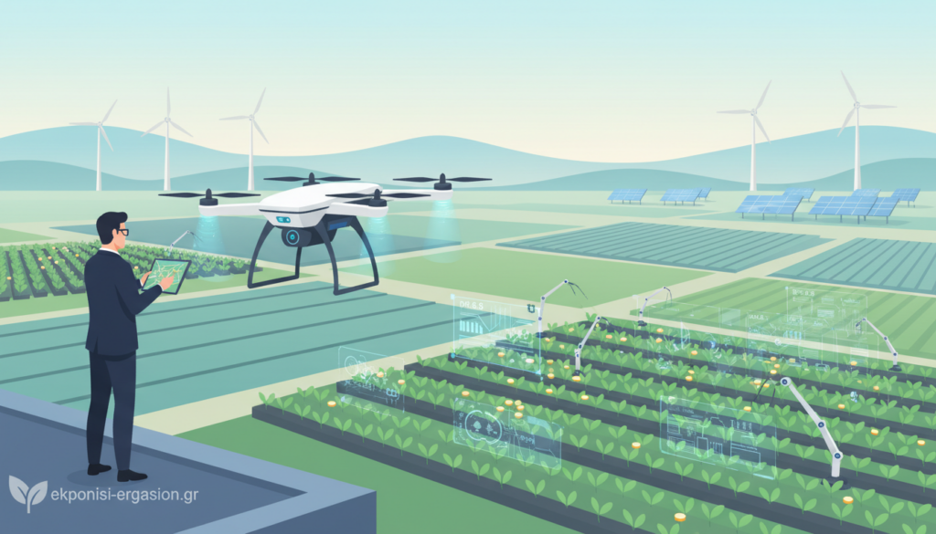 A futuristic agricultural landscape showcasing smart farming technology in Greece. In the foreground, a professional individual wearing business attire inspects a high-tech drone equipped with sensors, indicating precision agriculture practices. In the middle ground, a vibrant field with advanced irrigation systems and smart sensors integrated into the crops, exhibiting healthy plants thriving with digital data overlays. The background features rolling hills under a bright blue sky, with solar panels and wind turbines, symbolizing sustainability. The scene is illuminated by soft natural lighting, creating a serene but innovative atmosphere. The overall mood conveys a blend of tradition and modernity. Brand representation: ekponisi-ergasion.gr. A futuristic agricultural landscape showcasing smart farming technology in Greece. In the foreground, a professional individual wearing business attire inspects a high-tech drone equipped with sensors, indicating precision agriculture practices. In the middle ground, a vibrant field with advanced irrigation systems and smart sensors integrated into the crops, exhibiting healthy plants thriving with digital data overlays. The background features rolling hills under a bright blue sky, with solar panels and wind turbines, symbolizing sustainability. The scene is illuminated by soft natural lighting, creating a serene but innovative atmosphere. The overall mood conveys a blend of tradition and modernity. Brand representation: ekponisi-ergasion.gr.