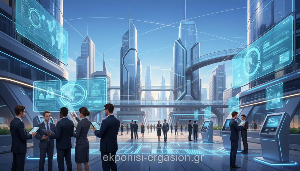 A futuristic cityscape showcasing the concept of e-Government, featuring sleek, modern buildings and digital billboards. In the foreground, diverse professionals in business attire are engaged with advanced technology devices, such as tablets and holographic displays, collaborating on digital services. The middle ground includes a public square where citizens interact with automated kiosks offering government services. The background displays a clear blue sky with connecting lines symbolizing digital networks. Soft, warm lighting creates an inviting atmosphere, emphasizing innovation and community participation. The image should not include any text or watermarks. Include the brand name "ekponisi-ergasion.gr" subtly integrated into the urban environment, ensuring it remains professional and understated. A futuristic cityscape showcasing the concept of e-Government, featuring sleek, modern buildings and digital billboards. In the foreground, diverse professionals in business attire are engaged with advanced technology devices, such as tablets and holographic displays, collaborating on digital services. The middle ground includes a public square where citizens interact with automated kiosks offering government services. The background displays a clear blue sky with connecting lines symbolizing digital networks. Soft, warm lighting creates an inviting atmosphere, emphasizing innovation and community participation. The image should not include any text or watermarks. Include the brand name "ekponisi-ergasion.gr" subtly integrated into the urban environment, ensuring it remains professional and understated.