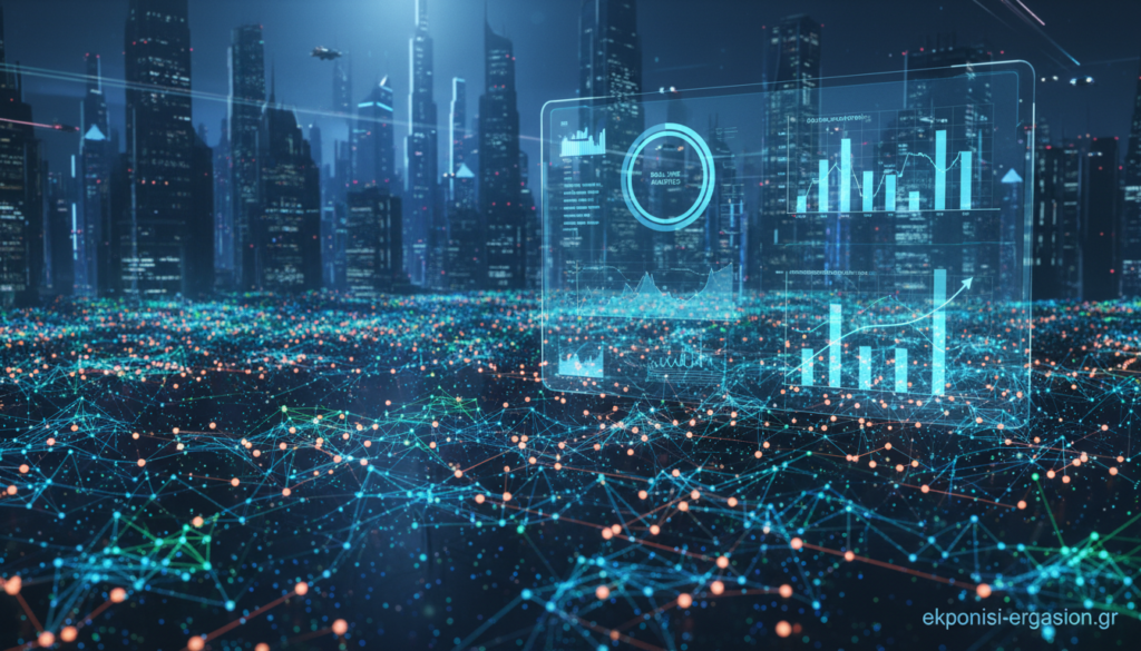 A futuristic data visualization scene illustrating the concept of "Big Data" with an emphasis on its defining characteristics. In the foreground, showcase an abstract network of interconnected nodes symbolizing data points, glowing with vibrant colors like blue, green, and orange. The middle ground features a digital dashboard filled with graphs, charts, and dynamic analytics, indicating real-time data processing. In the background, visualize a city skyline with illuminated buildings, representing the technological environment fueled by data analytics. Use soft, ambient lighting to create a high-tech atmosphere, captured from a slightly elevated angle to provide depth. The overall mood should exude innovation and clarity, encapsulating the essence of advanced data management technologies. The brand "ekponisi-ergasion.gr" should be subtly integrated into the design, enhancing the professional feel. A futuristic data visualization scene illustrating the concept of "Big Data" with an emphasis on its defining characteristics. In the foreground, showcase an abstract network of interconnected nodes symbolizing data points, glowing with vibrant colors like blue, green, and orange. The middle ground features a digital dashboard filled with graphs, charts, and dynamic analytics, indicating real-time data processing. In the background, visualize a city skyline with illuminated buildings, representing the technological environment fueled by data analytics. Use soft, ambient lighting to create a high-tech atmosphere, captured from a slightly elevated angle to provide depth. The overall mood should exude innovation and clarity, encapsulating the essence of advanced data management technologies. The brand "ekponisi-ergasion.gr" should be subtly integrated into the design, enhancing the professional feel.