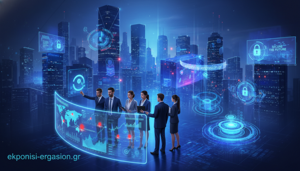 A futuristic digital landscape, showcasing the concept of cyber risks. In the foreground, a diverse group of professionals in business attire is engaged in a discussion, analyzing large holographic screens displaying various cyber threat statistics and data breaches. In the middle ground, stylized representations of firewalls, encryption symbols, and threat detection algorithms float in a high-tech environment, illuminated by soft, blue ambient lighting. The background features a cityscape at dusk, with glowing digital billboards reflecting cyber themes. The atmosphere conveys urgency and caution, suggesting the critical nature of cybersecurity in today’s world. The overall mood is serious yet hopeful, symbolizing the advancements in cyber insurance solutions. Include branding elements from "ekponisi-ergasion.gr" subtly integrated into the scene. A futuristic digital landscape, showcasing the concept of cyber risks. In the foreground, a diverse group of professionals in business attire is engaged in a discussion, analyzing large holographic screens displaying various cyber threat statistics and data breaches. In the middle ground, stylized representations of firewalls, encryption symbols, and threat detection algorithms float in a high-tech environment, illuminated by soft, blue ambient lighting. The background features a cityscape at dusk, with glowing digital billboards reflecting cyber themes. The atmosphere conveys urgency and caution, suggesting the critical nature of cybersecurity in today’s world. The overall mood is serious yet hopeful, symbolizing the advancements in cyber insurance solutions. Include branding elements from "ekponisi-ergasion.gr" subtly integrated into the scene.
