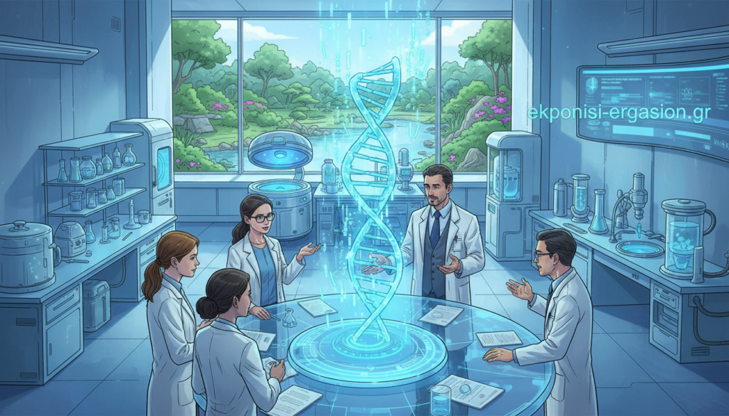 A futuristic laboratory setting depicting the concept of CRISPR genetic modification. In the foreground, a diverse group of scientists in professional attire, engaged in discussion around a high-tech workstation, with glowing holographic DNA strands and genetic sequences displayed. The middle section features advanced laboratory equipment like centrifuges and microscopes, illuminated by soft, cool lighting, emphasizing a scientific atmosphere. In the background, large windows reveal a serene garden, symbolizing nature’s connection to the technology. The overall mood is one of innovation and ethical contemplation, reflecting both the potential and challenges of genetic modification research. Bright, clean colors enhance the theme of scientific advancement. Include “ekponisi-ergasion.gr” subtly integrated within the lab environment, such as on a digital screen. A futuristic laboratory setting depicting the concept of CRISPR genetic modification. In the foreground, a diverse group of scientists in professional attire, engaged in discussion around a high-tech workstation, with glowing holographic DNA strands and genetic sequences displayed. The middle section features advanced laboratory equipment like centrifuges and microscopes, illuminated by soft, cool lighting, emphasizing a scientific atmosphere. In the background, large windows reveal a serene garden, symbolizing nature’s connection to the technology. The overall mood is one of innovation and ethical contemplation, reflecting both the potential and challenges of genetic modification research. Bright, clean colors enhance the theme of scientific advancement. Include “ekponisi-ergasion.gr” subtly integrated within the lab environment, such as on a digital screen.