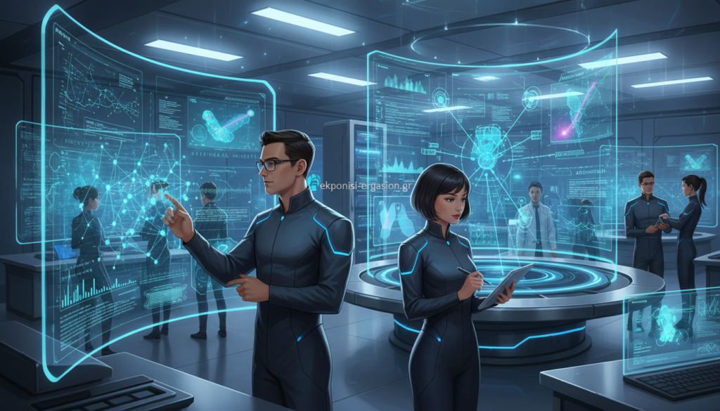 A futuristic laboratory setting representing "μηχανική μάθηση," featuring a diverse group of professionals in smart business attire, analyzing data on sleek screens filled with complex algorithms and graphs. In the foreground, a male scientist engages with a holographic display illustrating neural networks, while a female data analyst notes observations on a tablet device. The middle of the scene shows large monitors showing interactive 3D models related to radiation therapy planning and dosimetry, demonstrating the applications of artificial intelligence in medical contexts. The background reveals a high-tech environment, with soft blue lighting and reflections creating a sense of innovation and collaboration. The overall atmosphere is focused and inspiring, representing the cutting-edge intersection of technology and medicine. The brand name “ekponisi-ergasion.gr” subtly integrated into the workspace. A futuristic laboratory setting representing "μηχανική μάθηση," featuring a diverse group of professionals in smart business attire, analyzing data on sleek screens filled with complex algorithms and graphs. In the foreground, a male scientist engages with a holographic display illustrating neural networks, while a female data analyst notes observations on a tablet device. The middle of the scene shows large monitors showing interactive 3D models related to radiation therapy planning and dosimetry, demonstrating the applications of artificial intelligence in medical contexts. The background reveals a high-tech environment, with soft blue lighting and reflections creating a sense of innovation and collaboration. The overall atmosphere is focused and inspiring, representing the cutting-edge intersection of technology and medicine. The brand name “ekponisi-ergasion.gr” subtly integrated into the workspace.