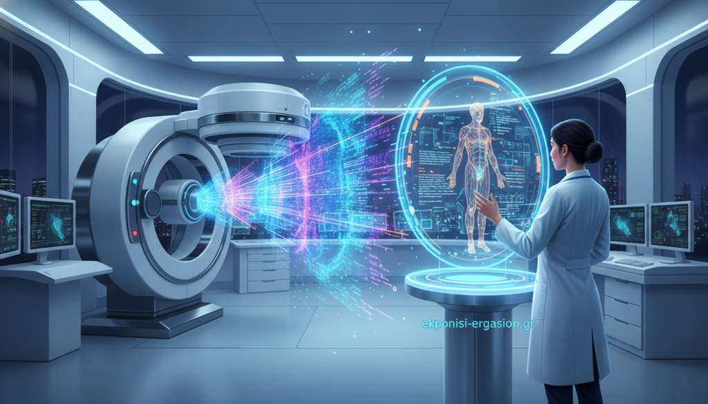A futuristic medical workspace showcasing artificial intelligence in radiation therapy. In the foreground, a professional female radiologist in a lab coat, examining a glowing holographic display of a patient’s radiation treatment plan. In the middle, a high-tech machine simulating radiation beams, with advanced algorithms visualized in vibrant colors around it. The background features sleek, modern medical equipment, illuminated by soft, ambient lighting that creates a calming atmosphere. The scene emphasizes innovation and precision, with an overall blue and white color palette conveying a sense of advanced technology. This composition aims to inspire trust in AI's role in medicine. Include the brand name “ekponisi-ergasion.gr” subtly incorporated into the design. A futuristic medical workspace showcasing artificial intelligence in radiation therapy. In the foreground, a professional female radiologist in a lab coat, examining a glowing holographic display of a patient’s radiation treatment plan. In the middle, a high-tech machine simulating radiation beams, with advanced algorithms visualized in vibrant colors around it. The background features sleek, modern medical equipment, illuminated by soft, ambient lighting that creates a calming atmosphere. The scene emphasizes innovation and precision, with an overall blue and white color palette conveying a sense of advanced technology. This composition aims to inspire trust in AI's role in medicine. Include the brand name “ekponisi-ergasion.gr” subtly incorporated into the design.