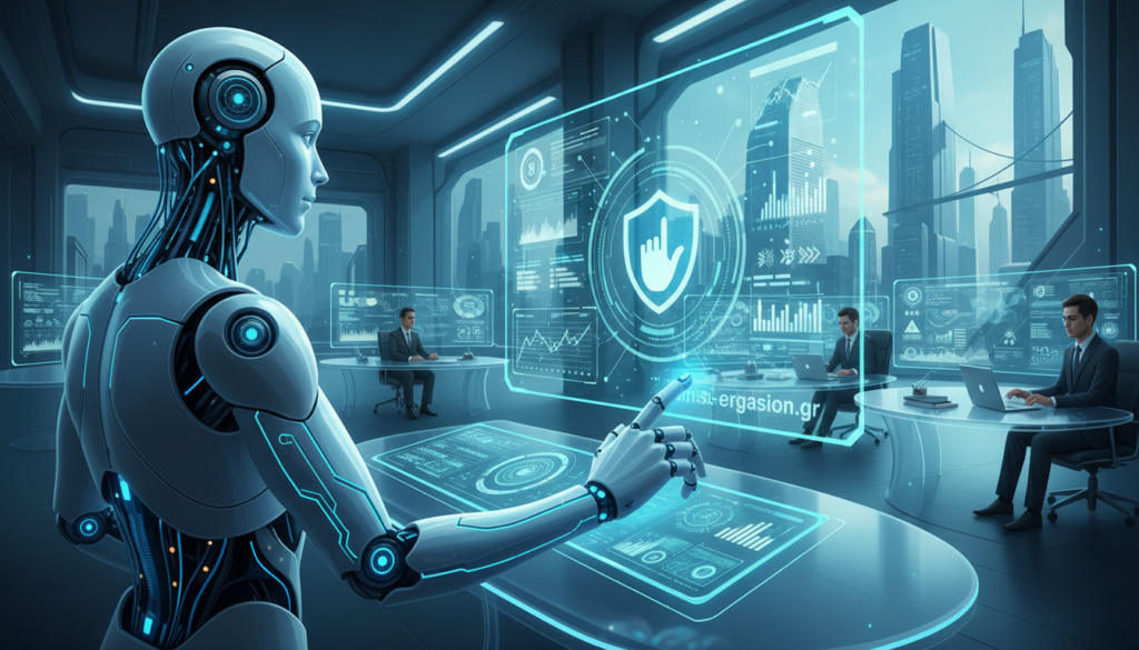A futuristic representation of artificial intelligence, blending organic and technological elements. In the foreground, a sleek humanoid robot with glowing circuits interacts with a digital interface displaying dynamic data and graphs. The middle layer features a modern office environment, with transparent screens and high-tech devices, symbolizing innovation in the insurance sector. Soft blue and green lighting enhances a professional ambiance, creating a sense of optimism and progress. The background reveals a city skyline with skyscrapers, reflecting advancement and digital transformation. Capture the essence of "tech and humanity" merging harmoniously, emphasizing the transformative power of AI. Include the brand "ekponisi-ergasion.gr" subtly integrated into the office design. A futuristic representation of artificial intelligence, blending organic and technological elements. In the foreground, a sleek humanoid robot with glowing circuits interacts with a digital interface displaying dynamic data and graphs. The middle layer features a modern office environment, with transparent screens and high-tech devices, symbolizing innovation in the insurance sector. Soft blue and green lighting enhances a professional ambiance, creating a sense of optimism and progress. The background reveals a city skyline with skyscrapers, reflecting advancement and digital transformation. Capture the essence of "tech and humanity" merging harmoniously, emphasizing the transformative power of AI. Include the brand "ekponisi-ergasion.gr" subtly integrated into the office design.